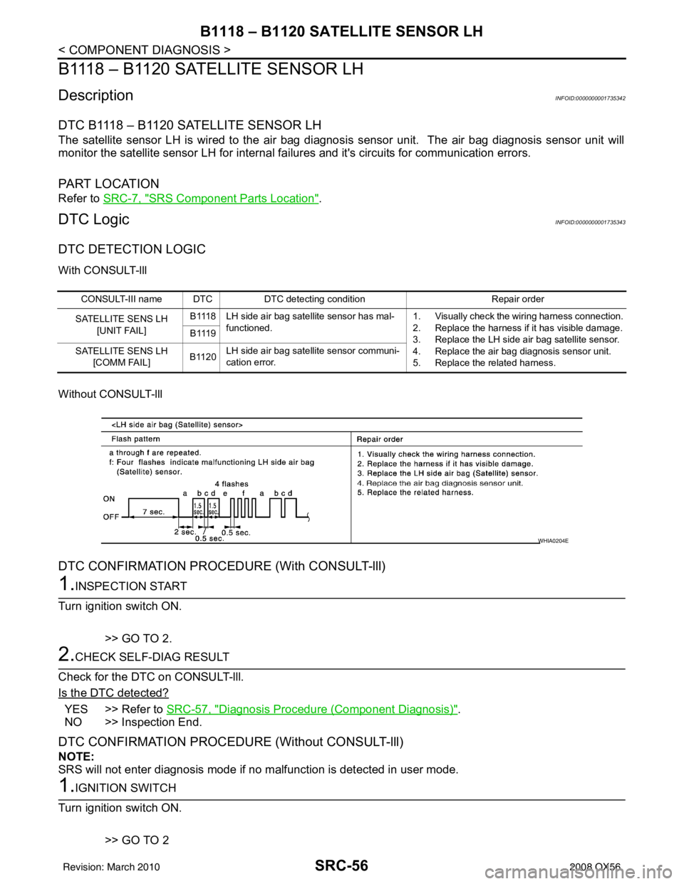 INFINITI QX56 2008 Factory Service Manual SRC-56
< COMPONENT DIAGNOSIS >
B1118 – B1120 SATELLITE SENSOR LH
B1118 – B1120 SATELLITE SENSOR LH
DescriptionINFOID:0000000001735342
DTC B1118 – B1120 SATELLITE SENSOR LH
The satellite sensor L INFINITI QX56 2008 Factory Service Manual SRC-56
< COMPONENT DIAGNOSIS >
B1118 – B1120 SATELLITE SENSOR LH
B1118 – B1120 SATELLITE SENSOR LH
DescriptionINFOID:0000000001735342
DTC B1118 – B1120 SATELLITE SENSOR LH
The satellite sensor L