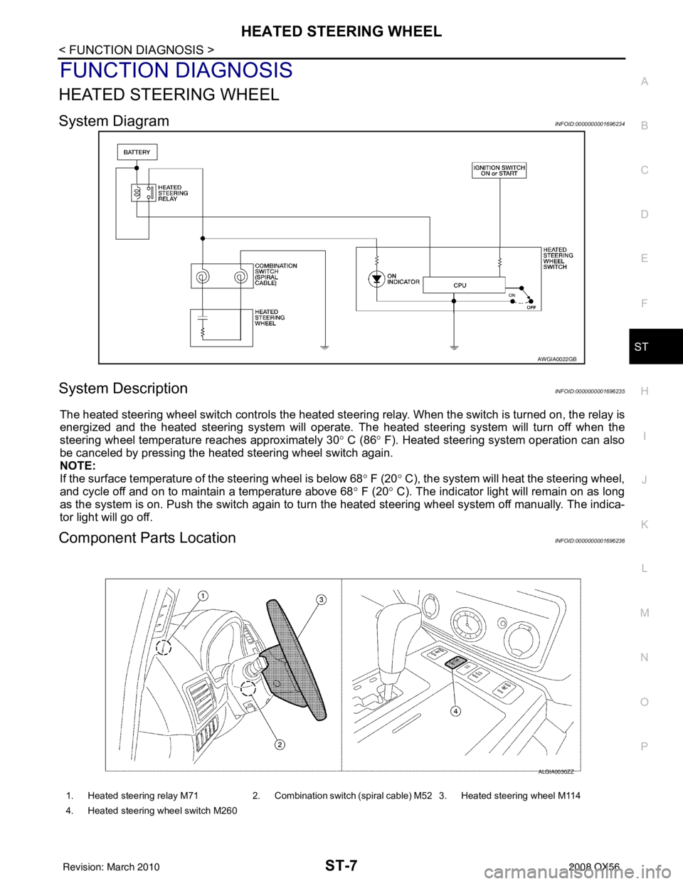 INFINITI QX56 2008  Factory Service Manual HEATED STEERING WHEELST-7
< FUNCTION DIAGNOSIS >
C
DE
F
H I
J
K L
M A
B
ST
N
O P
FUNCTION DIAGNOSIS
HEATED STEERING WHEEL
System DiagramINFOID:0000000001696234
System DescriptionINFOID:000000000169623