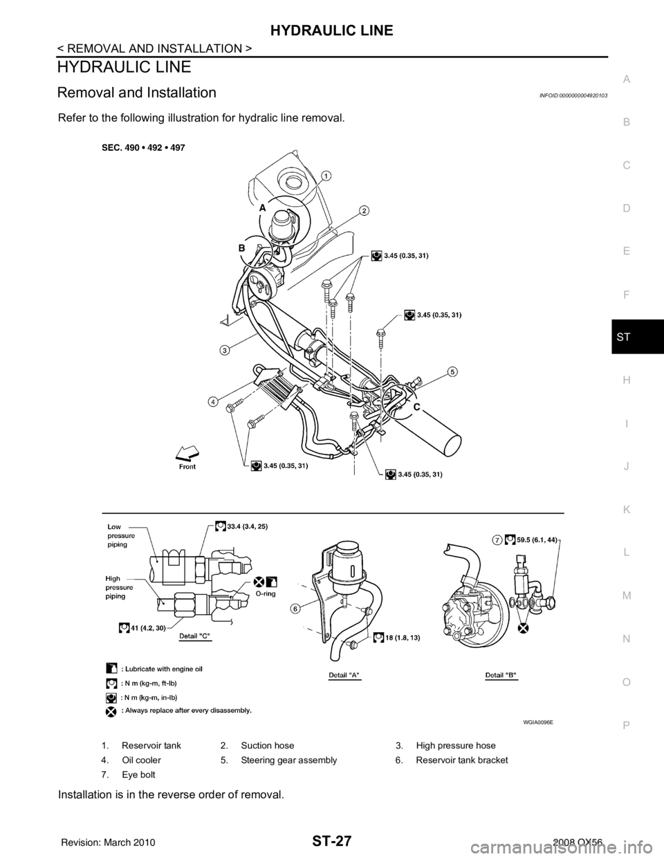 INFINITI QX56 2008  Factory Service Manual HYDRAULIC LINEST-27
< REMOVAL AND INSTALLATION >
C
DE
F
H I
J
K L
M A
B
ST
N
O P
HYDRAULIC LINE
Removal and InstallationINFOID:0000000004920103
Refer to the following illustration for hydralic line re