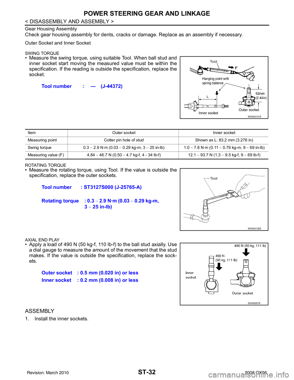 INFINITI QX56 2008  Factory Service Manual ST-32
< DISASSEMBLY AND ASSEMBLY >
POWER STEERING GEAR AND LINKAGE
Gear Housing Assembly
Check gear housing assembly for dents, cracks or damage. Replace as an assembly if necessary.
Outer Socket and 