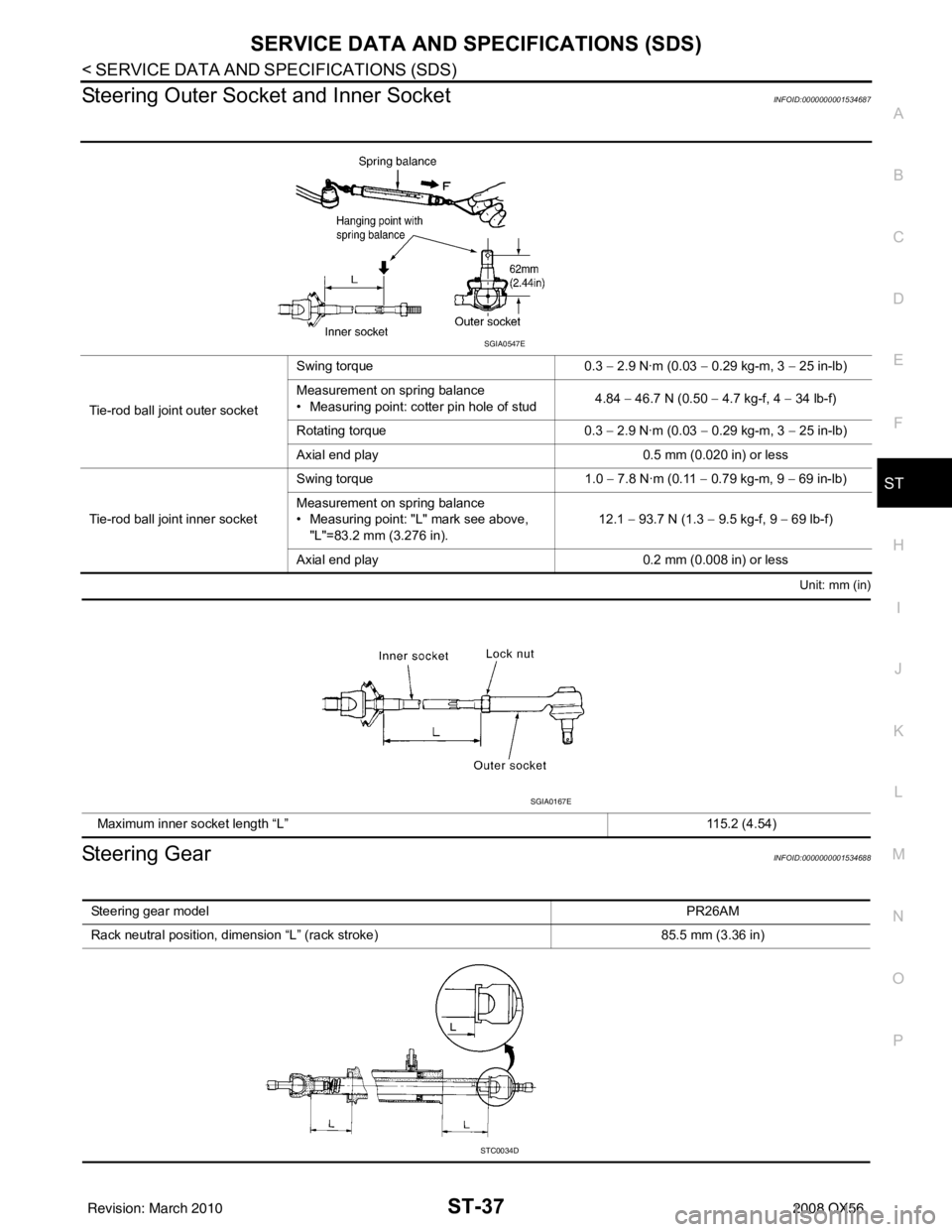 INFINITI QX56 2008  Factory Service Manual SERVICE DATA AND SPECIFICATIONS (SDS)ST-37
< SERVICE DATA AND SPECIFICATIONS (SDS) 
C
DE
F
H I
J
K L
M A
B
ST
N
O P
Steering Outer Socket and Inner SocketINFOID:0000000001534687
Unit: mm (in)
Steering
