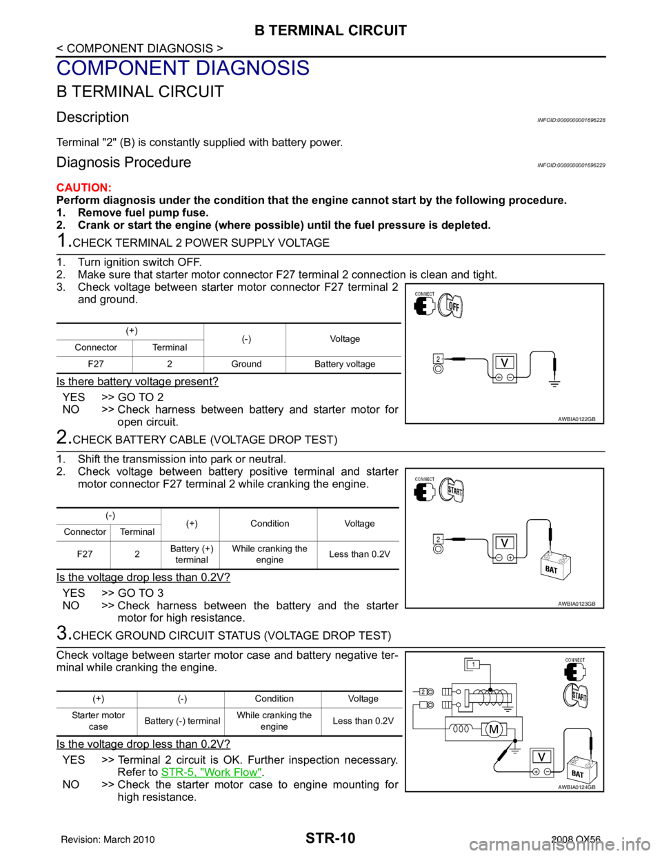 INFINITI QX56 2008  Factory Service Manual STR-10
< COMPONENT DIAGNOSIS >
B TERMINAL CIRCUIT
COMPONENT DIAGNOSIS
B TERMINAL CIRCUIT
DescriptionINFOID:0000000001696228
Terminal "2" (B) is constantly supplied with battery power.
Diagnosis Proced