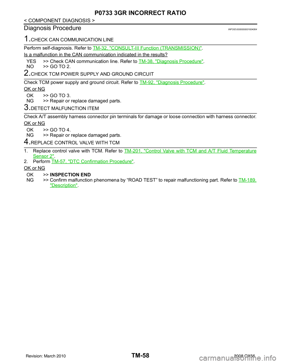 INFINITI QX56 2008 Factory Service Manual TM-58
< COMPONENT DIAGNOSIS >
P0733 3GR INCORRECT RATIO
Diagnosis Procedure
INFOID:0000000001604064
1.CHECK CAN COMMUNICATION LINE
Perform self-diagnosis. Refer to TM-32, "
CONSULT-III Functi on (TRAN INFINITI QX56 2008 Factory Service Manual TM-58
< COMPONENT DIAGNOSIS >
P0733 3GR INCORRECT RATIO
Diagnosis Procedure
INFOID:0000000001604064
1.CHECK CAN COMMUNICATION LINE
Perform self-diagnosis. Refer to TM-32, "
CONSULT-III Functi on (TRAN