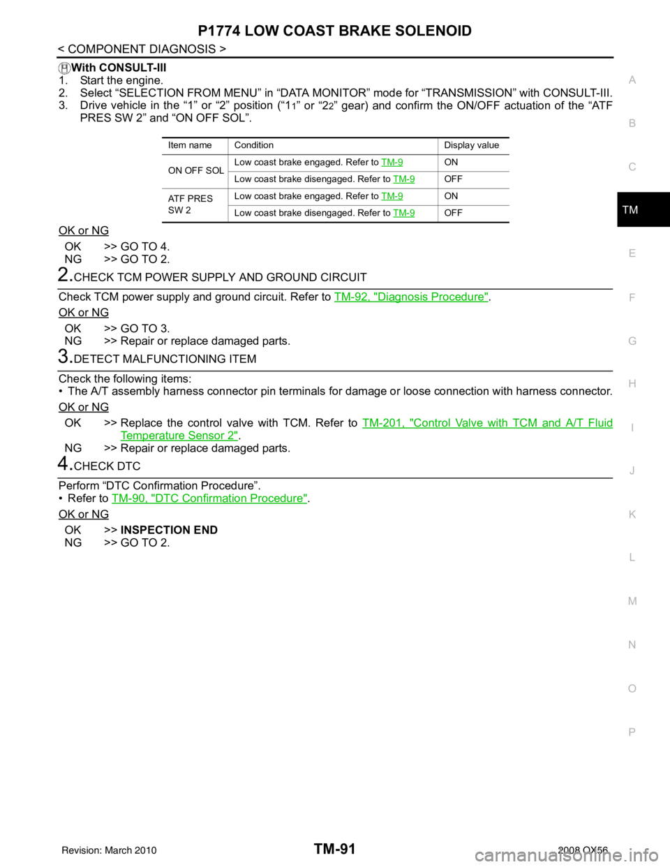 INFINITI QX56 2008  Factory Service Manual P1774 LOW COAST BRAKE SOLENOIDTM-91
< COMPONENT DIAGNOSIS >
CEF
G H
I
J
K L
M A
B
TM
N
O P
With CONSULT-III
1. Start the engine.
2. Select “SELECTION FROM MENU” in “DATA MONI TOR” mode for “