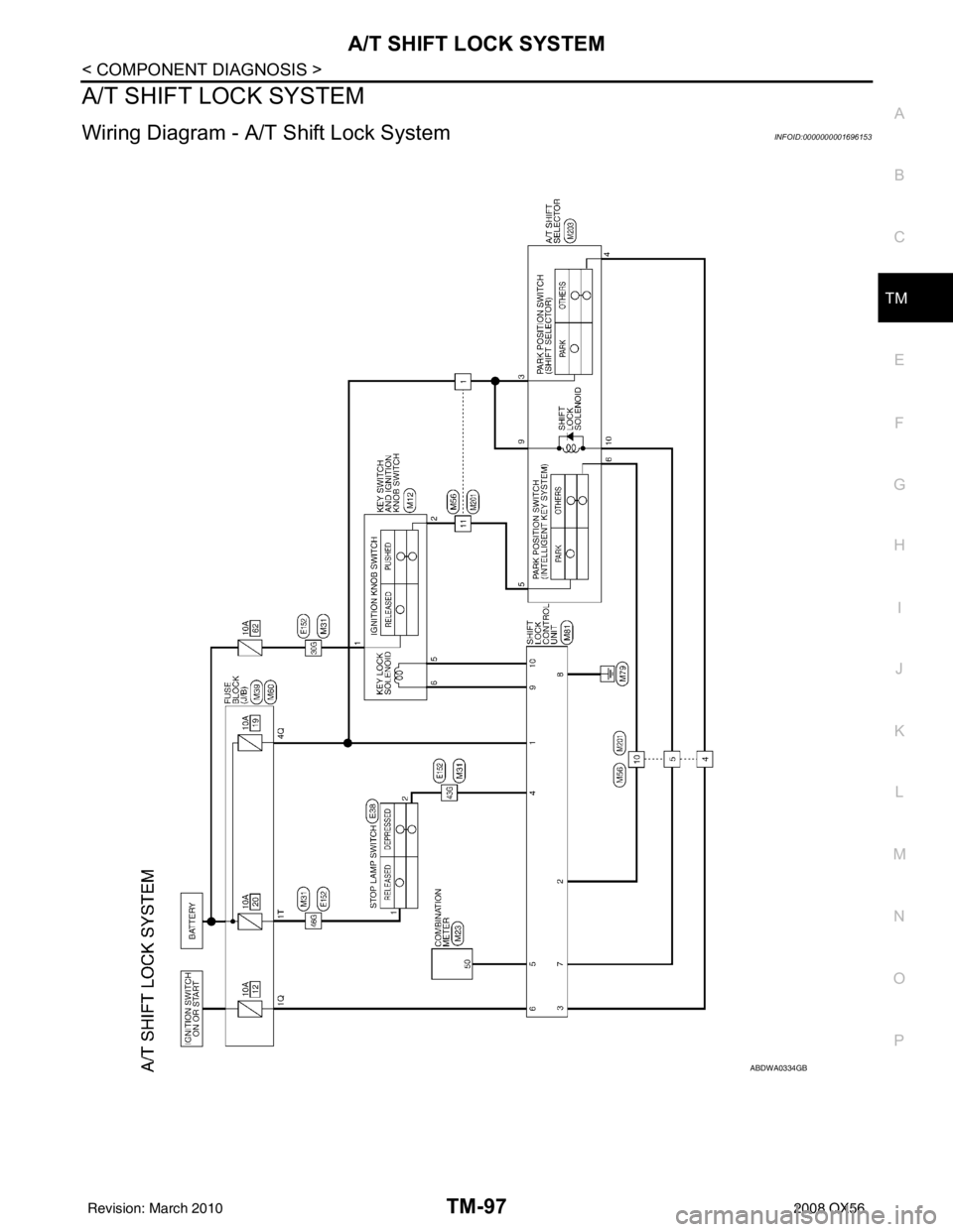 INFINITI QX56 2008  Factory Service Manual A/T SHIFT LOCK SYSTEMTM-97
< COMPONENT DIAGNOSIS >
CEF
G H
I
J
K L
M A
B
TM
N
O P
A/T SHIFT LOCK SYSTEM
Wiring Diagram - A/ T Shift Lock SystemINFOID:0000000001696153
ABDWA0334GB
Revision: March 2010 
