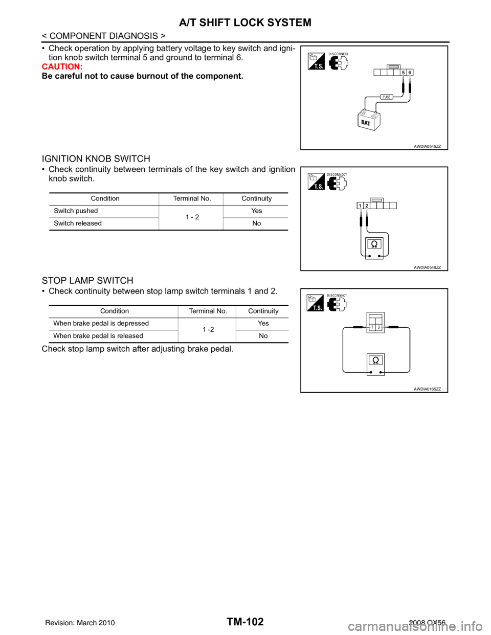INFINITI QX56 2008  Factory Service Manual TM-102
< COMPONENT DIAGNOSIS >
A/T SHIFT LOCK SYSTEM
• Check operation by applying battery voltage to key switch and igni-tion knob switch terminal 5 and ground to terminal 6.
CAUTION:
Be careful no