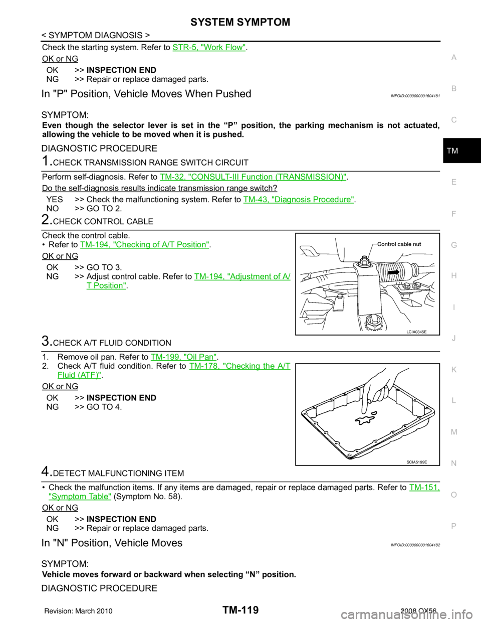 INFINITI QX56 2008  Factory Service Manual SYSTEM SYMPTOMTM-119
< SYMPTOM DIAGNOSIS >
CEF
G H
I
J
K L
M A
B
TM
N
O P
Check the starting system. Refer to  STR-5, "Work Flow".
OK or NG
OK >> INSPECTION END
NG >> Repair or replace damaged parts.
