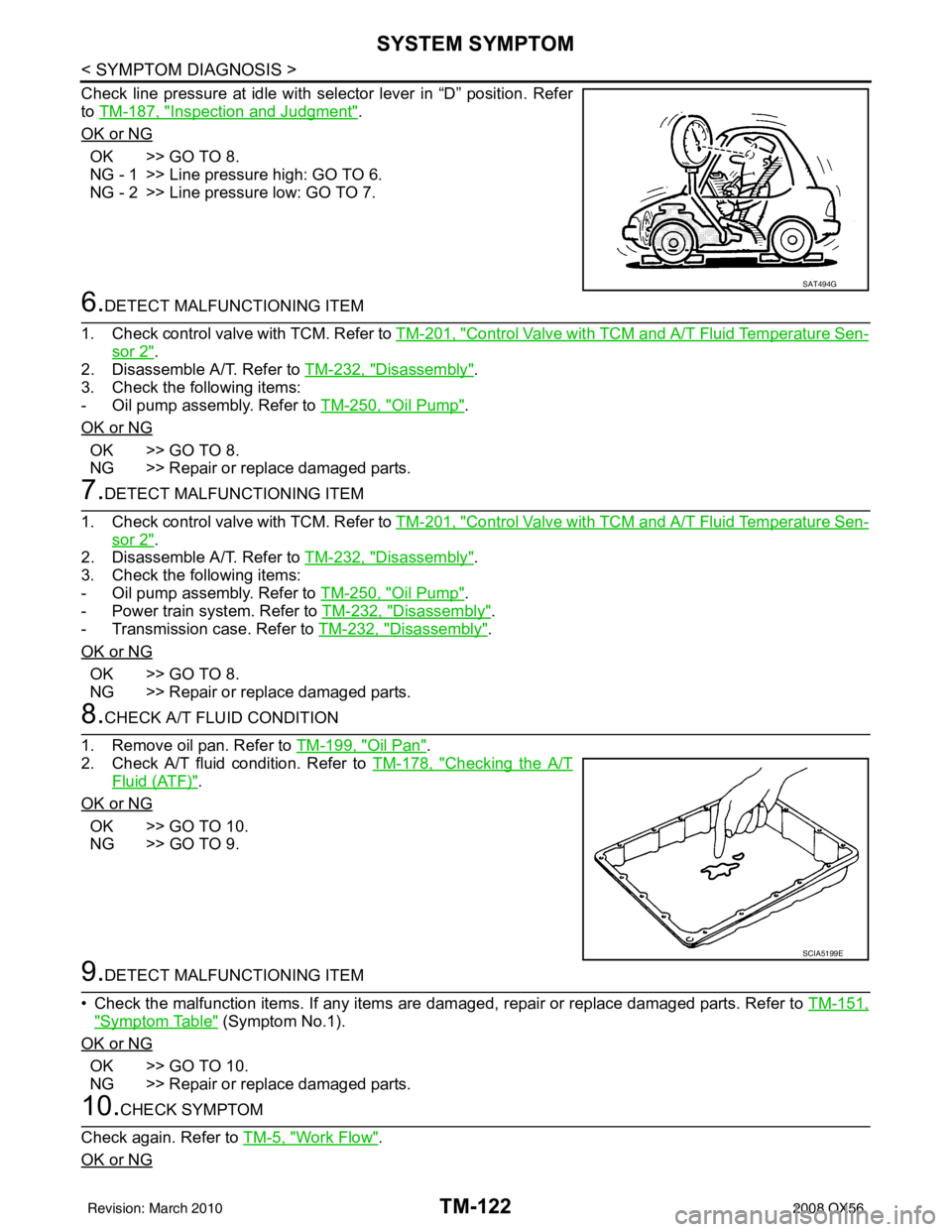 INFINITI QX56 2008  Factory Service Manual TM-122
< SYMPTOM DIAGNOSIS >
SYSTEM SYMPTOM
Check line pressure at idle with selector lever in “D” position. Refer
to TM-187, "
Inspection and Judgment".
OK or NG
OK >> GO TO 8.
NG - 1 >> Line pre
