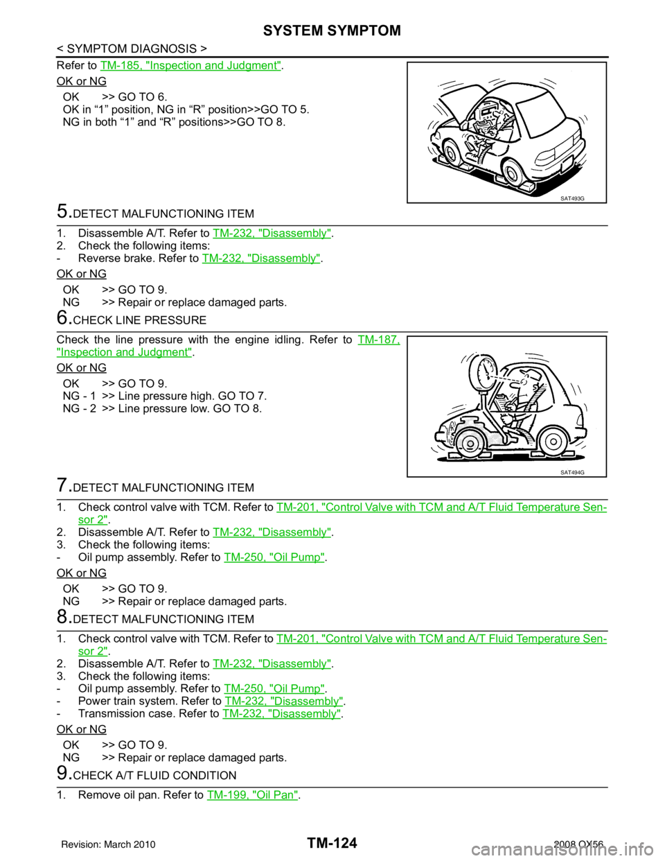 INFINITI QX56 2008  Factory Service Manual TM-124
< SYMPTOM DIAGNOSIS >
SYSTEM SYMPTOM
Refer to TM-185, "Inspection and Judgment".
OK or NG
OK >> GO TO 6.
OK in “1” position, NG in “R” position>>GO TO 5.
NG in both “1” and “R” 