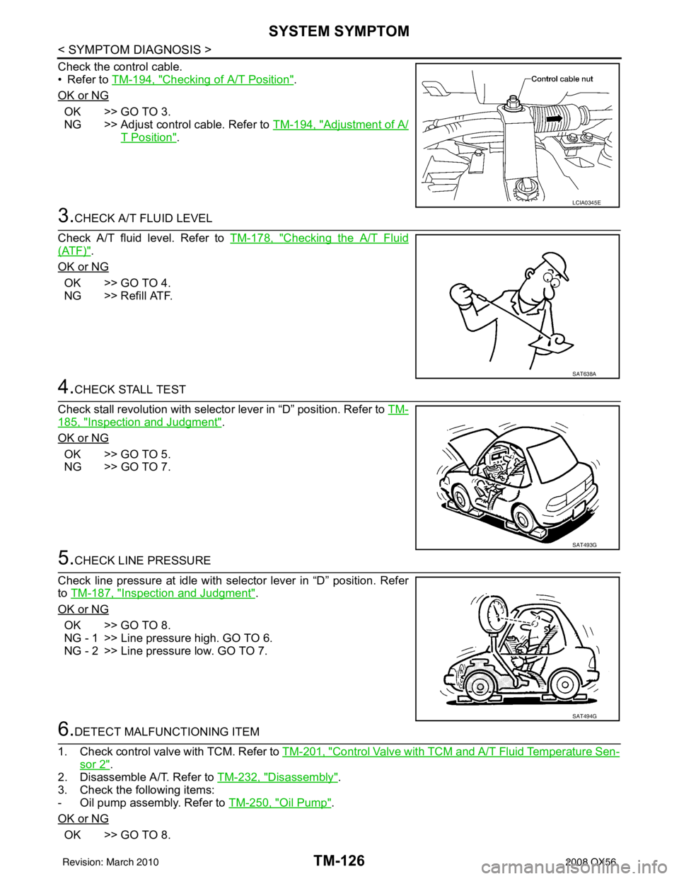 INFINITI QX56 2008  Factory Service Manual TM-126
< SYMPTOM DIAGNOSIS >
SYSTEM SYMPTOM
Check the control cable.
• Refer to TM-194, "
Checking of A/T Position".
OK or NG
OK >> GO TO 3.
NG >> Adjust control cable. Refer to  TM-194, "
Adjustmen