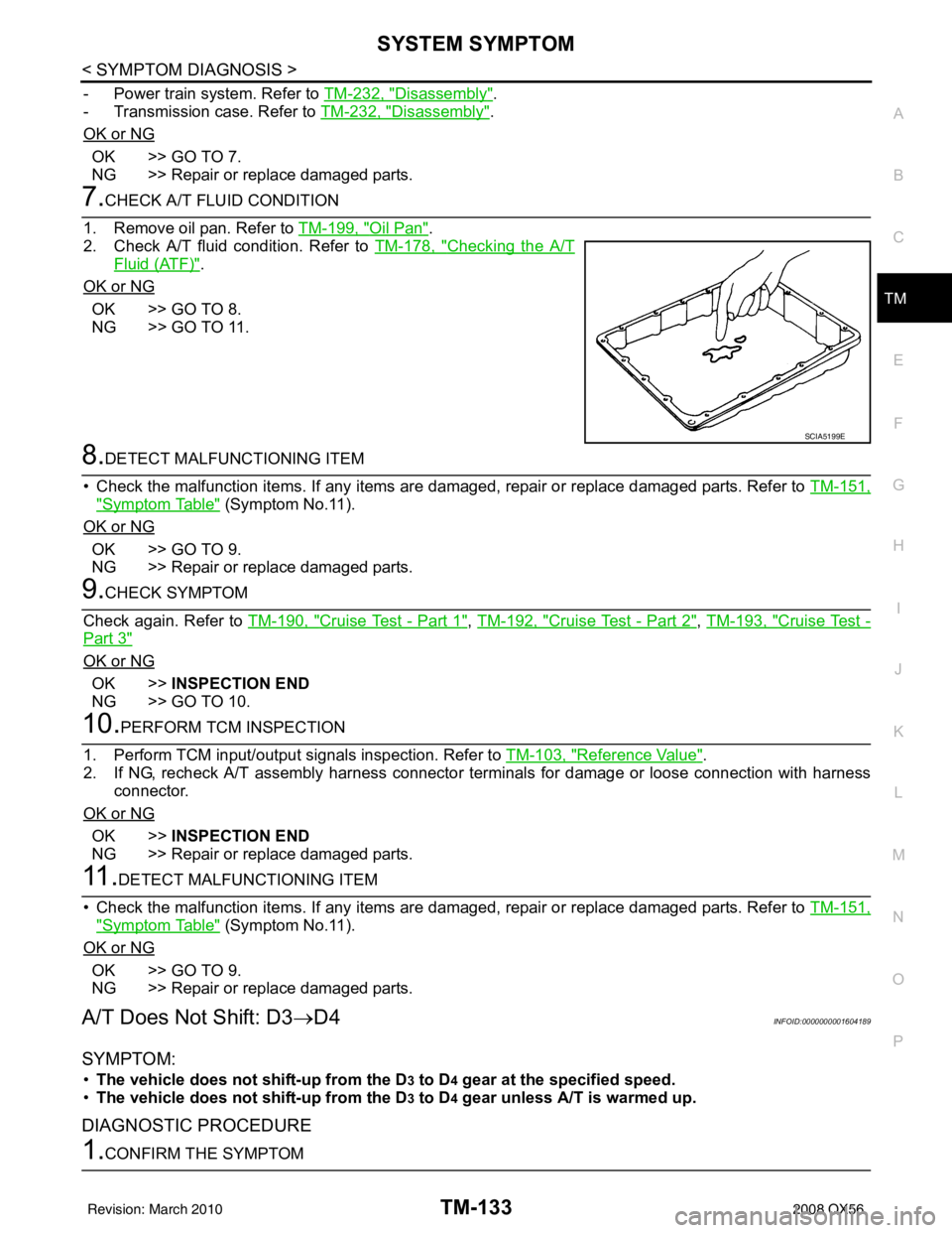INFINITI QX56 2008  Factory Service Manual SYSTEM SYMPTOMTM-133
< SYMPTOM DIAGNOSIS >
CEF
G H
I
J
K L
M A
B
TM
N
O P
- Power train system. Refer to  TM-232, "Disassembly".
- Transmission case. Refer to  TM-232, "
Disassembly".
OK or NG
OK >> G