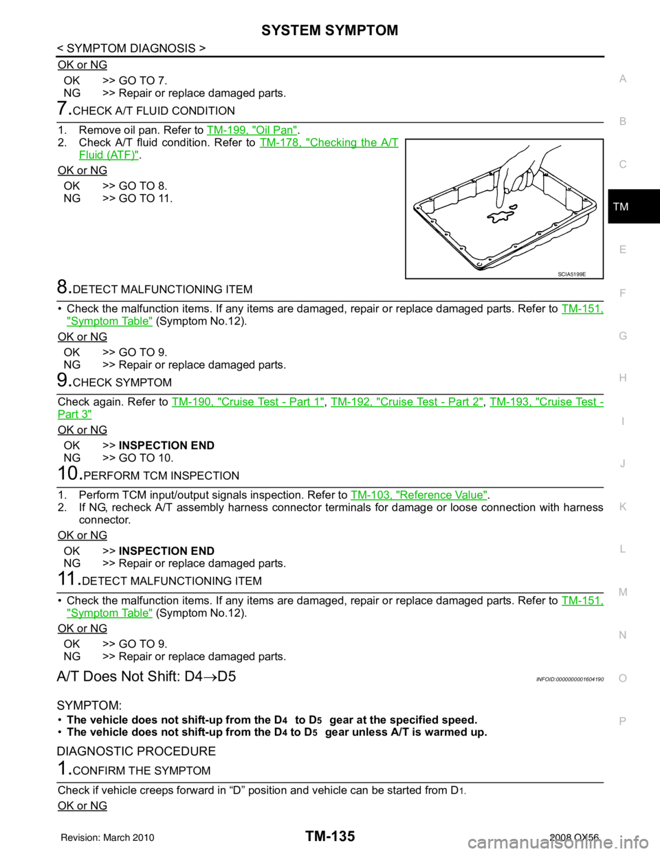 INFINITI QX56 2008  Factory Service Manual SYSTEM SYMPTOMTM-135
< SYMPTOM DIAGNOSIS >
CEF
G H
I
J
K L
M A
B
TM
N
O P
OK or NG
OK >> GO TO 7.
NG >> Repair or replace damaged parts.
7.CHECK A/T FLUID CONDITION
1. Remove oil pan. Refer to  TM-199