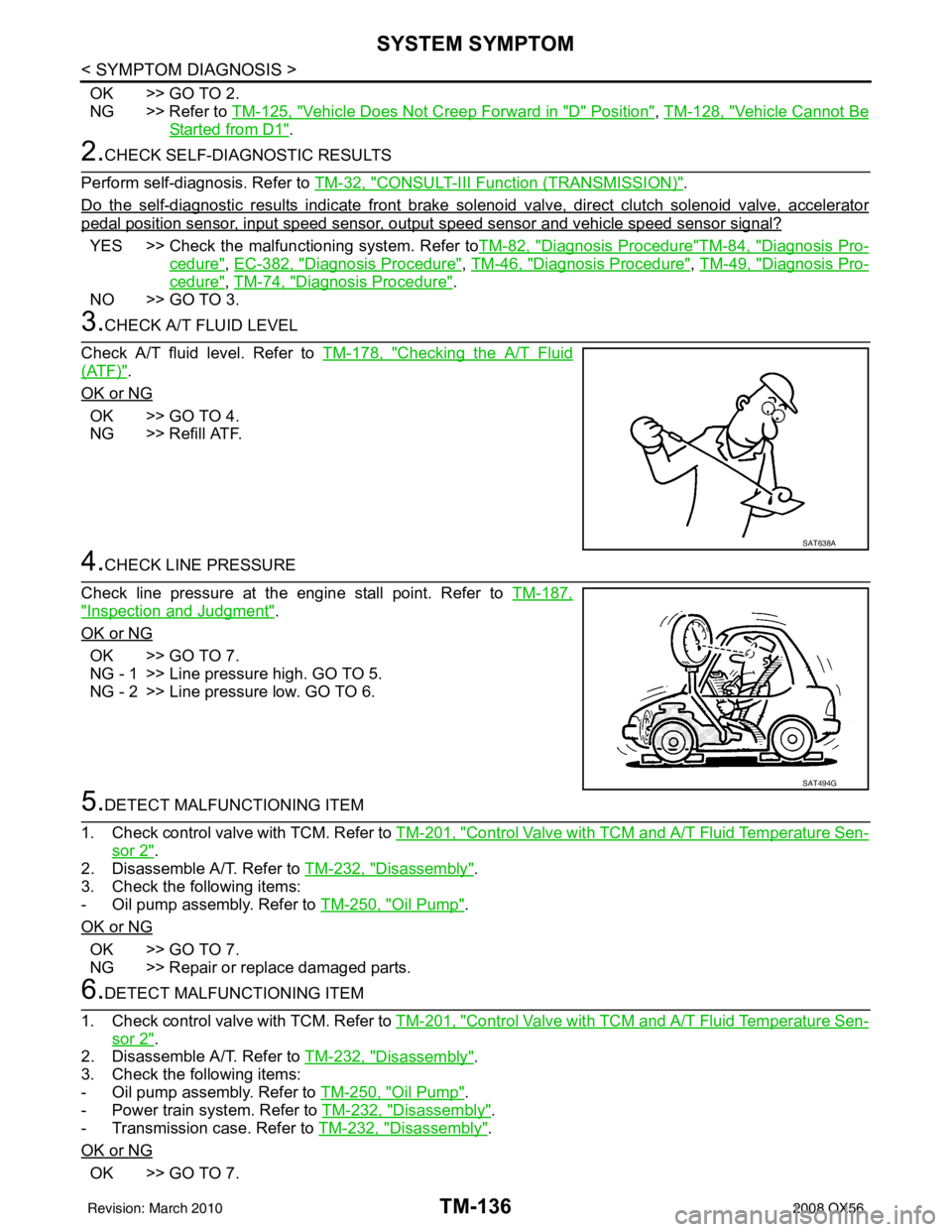 INFINITI QX56 2008  Factory Service Manual TM-136
< SYMPTOM DIAGNOSIS >
SYSTEM SYMPTOM
OK >> GO TO 2.
NG >> Refer to TM-125, "
Vehicle Does Not Creep Forward in "D" Position", TM-128, "Vehicle Cannot Be
Started from D1".
2.CHECK SELF-DIAGNOSTI