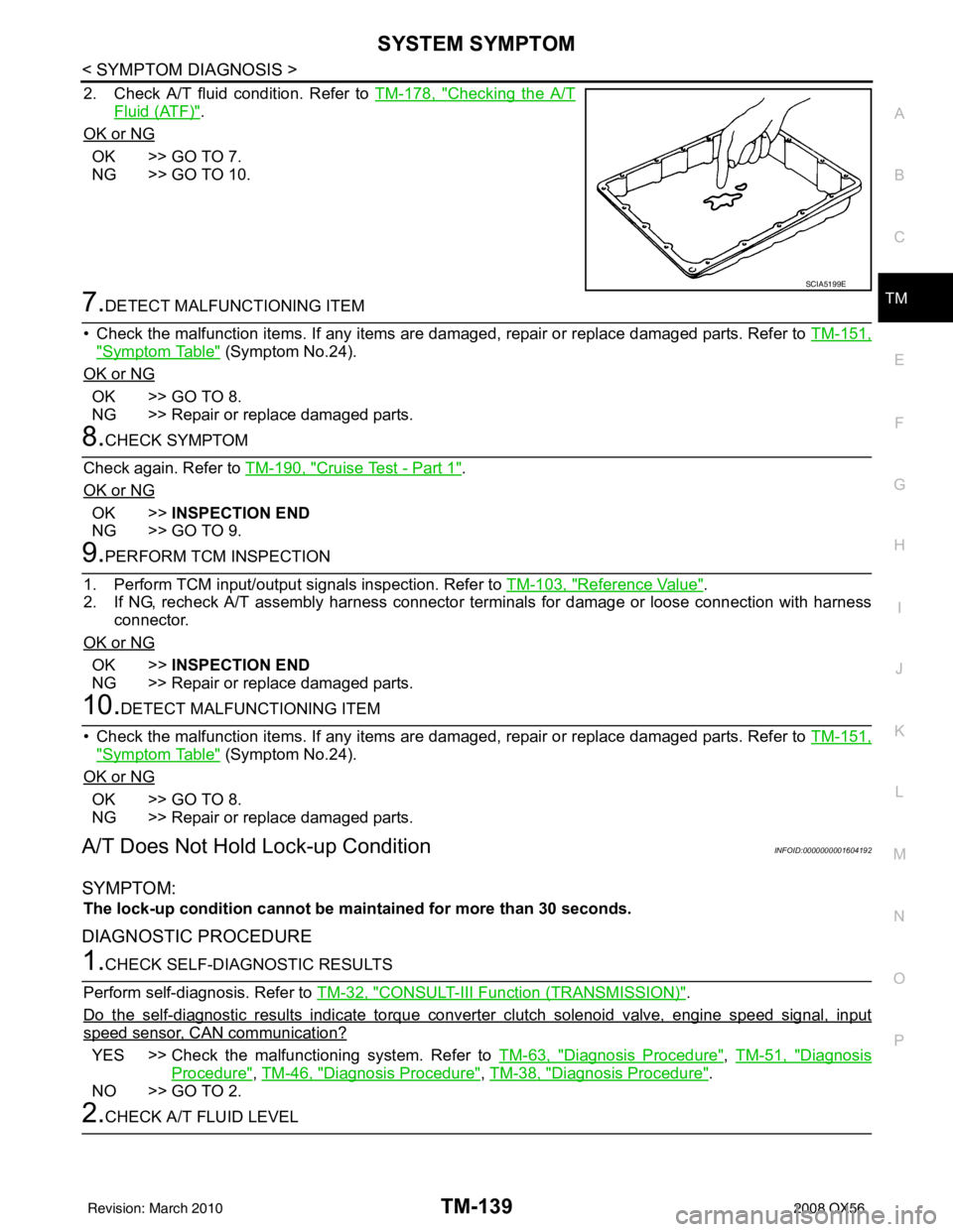 INFINITI QX56 2008  Factory Service Manual SYSTEM SYMPTOMTM-139
< SYMPTOM DIAGNOSIS >
CEF
G H
I
J
K L
M A
B
TM
N
O P
2. Check A/T fluid condition. Refer to  TM-178, "Checking the A/T
Fluid (ATF)".
OK or NG
OK >> GO TO 7.
NG >> GO TO 10.
7.DETE
