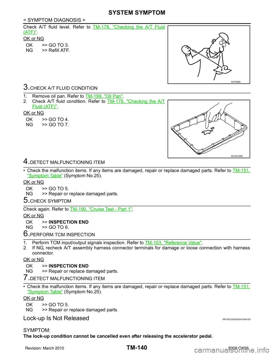 INFINITI QX56 2008  Factory Service Manual TM-140
< SYMPTOM DIAGNOSIS >
SYSTEM SYMPTOM
Check A/T fluid level. Refer to TM-178, "Checking the A/T Fluid
(ATF)".
OK or NG
OK >> GO TO 3.
NG >> Refill ATF.
3.CHECK A/T FLUID CONDITION
1. Remove oil 