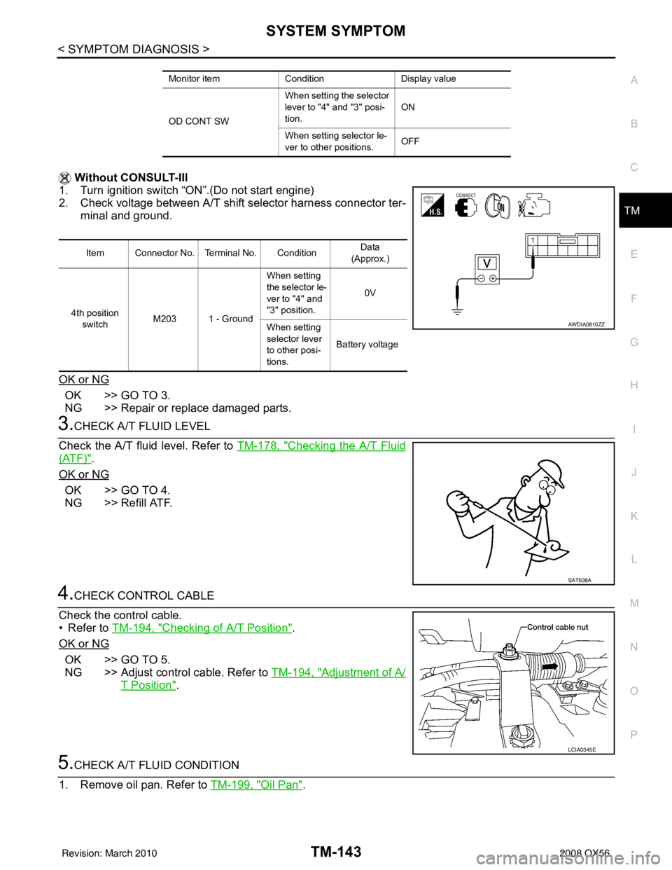 INFINITI QX56 2008  Factory Service Manual SYSTEM SYMPTOMTM-143
< SYMPTOM DIAGNOSIS >
CEF
G H
I
J
K L
M A
B
TM
N
O P
 Without CONSULT-III
1. Turn ignition switch “ON”.(Do not start engine)
2. Check voltage between A/T shift selector harnes