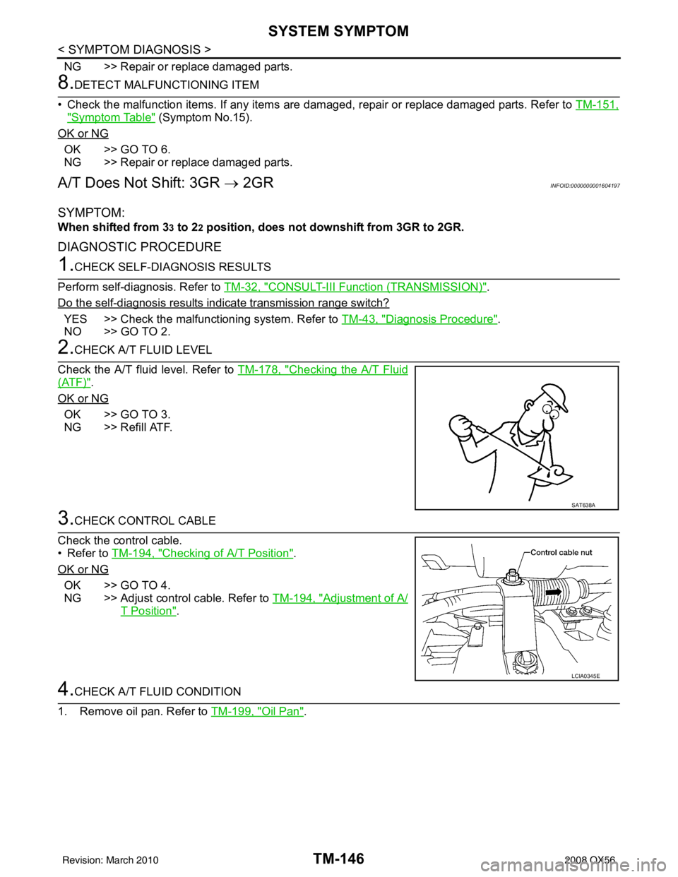 INFINITI QX56 2008  Factory Service Manual TM-146
< SYMPTOM DIAGNOSIS >
SYSTEM SYMPTOM
NG >> Repair or replace damaged parts.
8.DETECT MALFUNCTIONING ITEM
• Check the malfunction items. If any items are dam aged, repair or replace damaged pa
