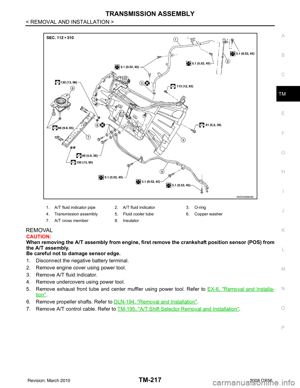 INFINITI QX56 2008  Factory Service Manual TRANSMISSION ASSEMBLYTM-217
< REMOVAL AND INSTALLATION >
CEF
G H
I
J
K L
M A
B
TM
N
O P
REMOVAL
CAUTION:
When removing the A/T assembly from engine, firs t remove the crankshaft position sensor (POS) 