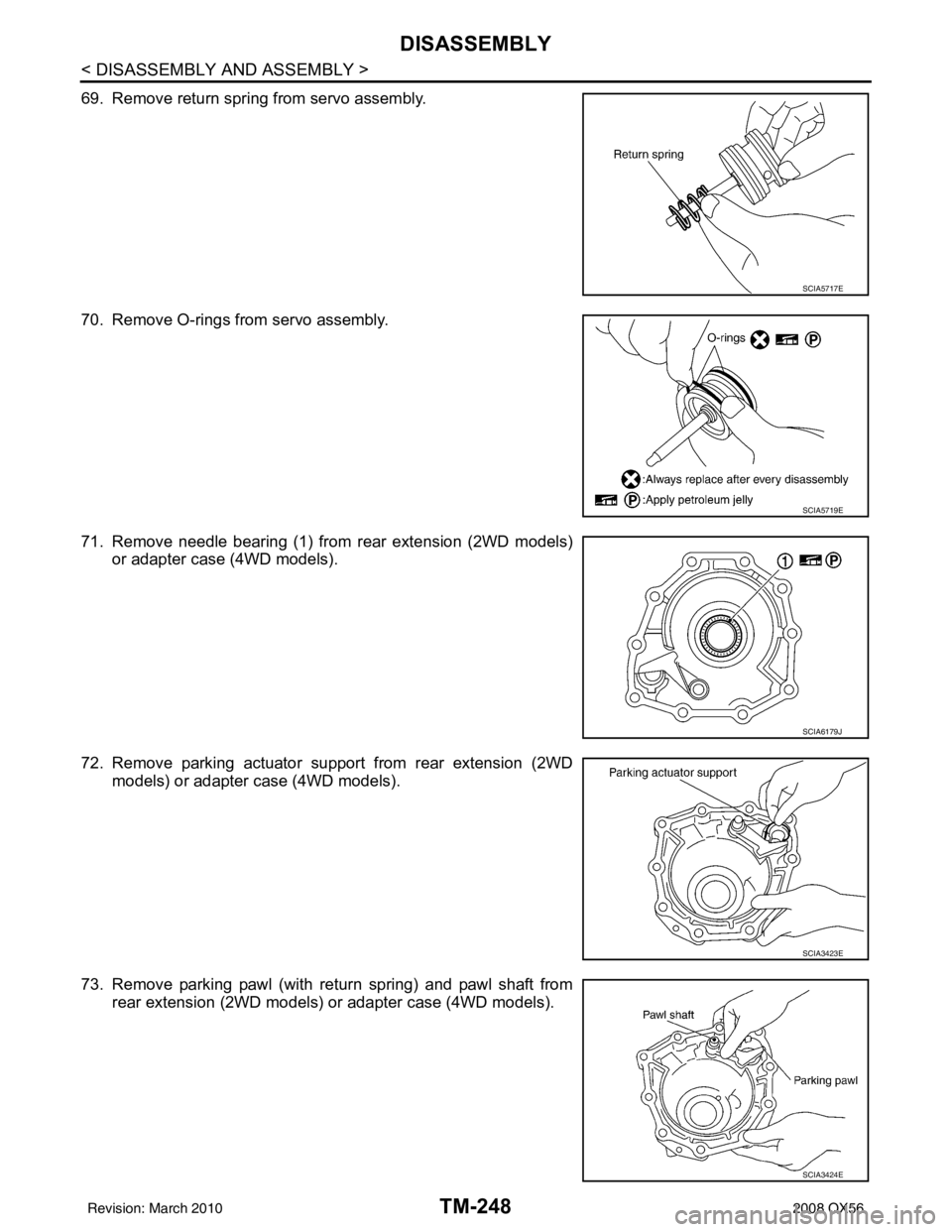 INFINITI QX56 2008  Factory Service Manual TM-248
< DISASSEMBLY AND ASSEMBLY >
DISASSEMBLY
69. Remove return spring from servo assembly.
70. Remove O-rings from servo assembly.
71. Remove needle bearing (1) from rear extension (2WD models)or a
