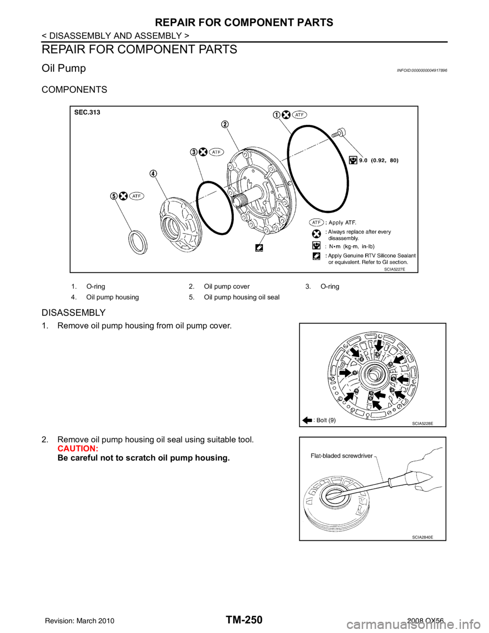 INFINITI QX56 2008  Factory Service Manual TM-250
< DISASSEMBLY AND ASSEMBLY >
REPAIR FOR COMPONENT PARTS
REPAIR FOR COMPONENT PARTS
Oil PumpINFOID:0000000004917896
COMPONENTS
DISASSEMBLY
1. Remove oil pump housing from oil pump cover.
2. Remo
