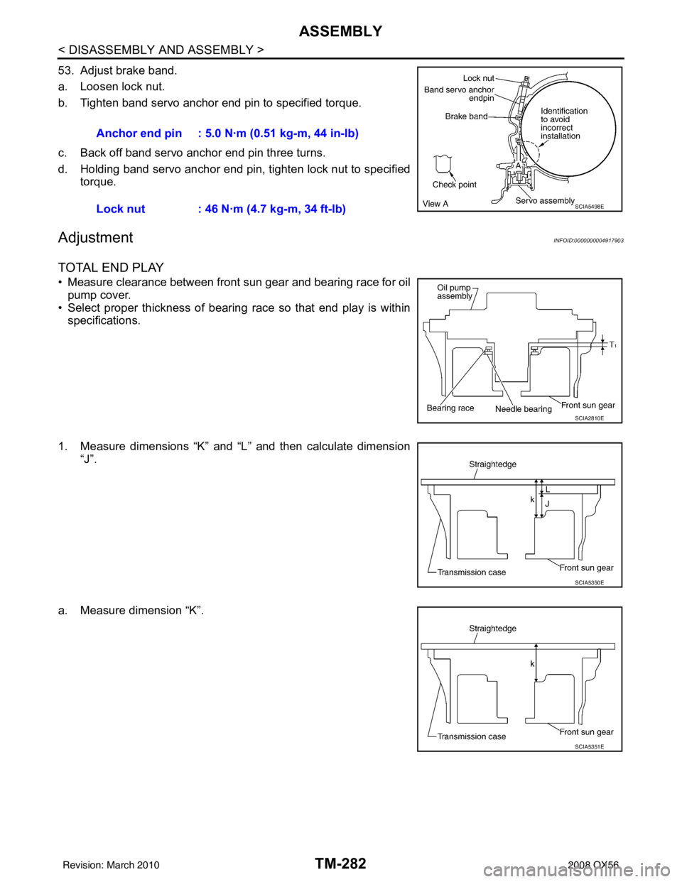 INFINITI QX56 2008  Factory Service Manual TM-282
< DISASSEMBLY AND ASSEMBLY >
ASSEMBLY
53. Adjust brake band.
a. Loosen lock nut.
b. Tighten band servo anchor end pin to specified torque.
c. Back off band servo anchor end pin three turns.
d. 