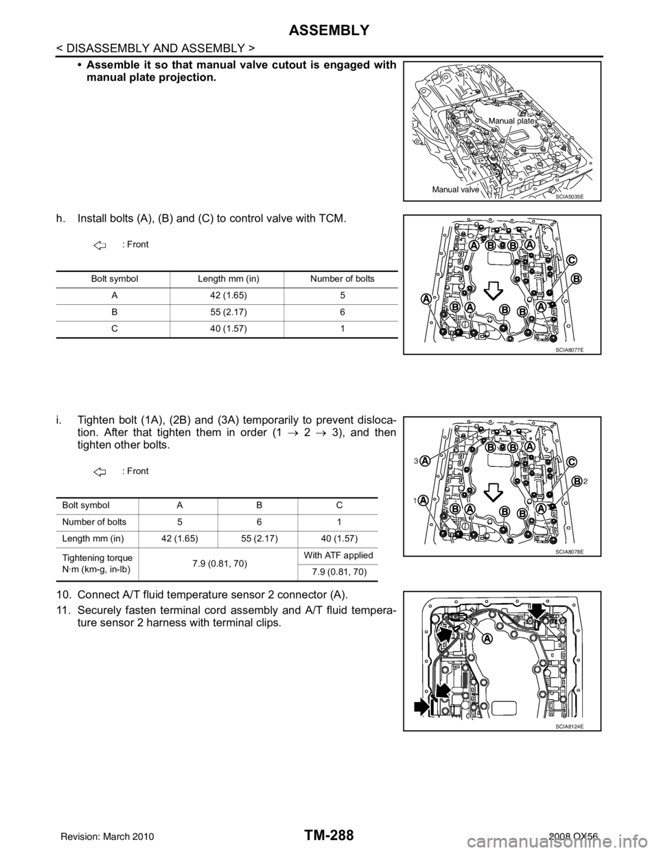 INFINITI QX56 2008  Factory Service Manual TM-288
< DISASSEMBLY AND ASSEMBLY >
ASSEMBLY
• Assemble it so that manual valve cutout is engaged withmanual plate projection.
h. Install bolts (A), (B) and (C) to control valve with TCM.
i. Tighten