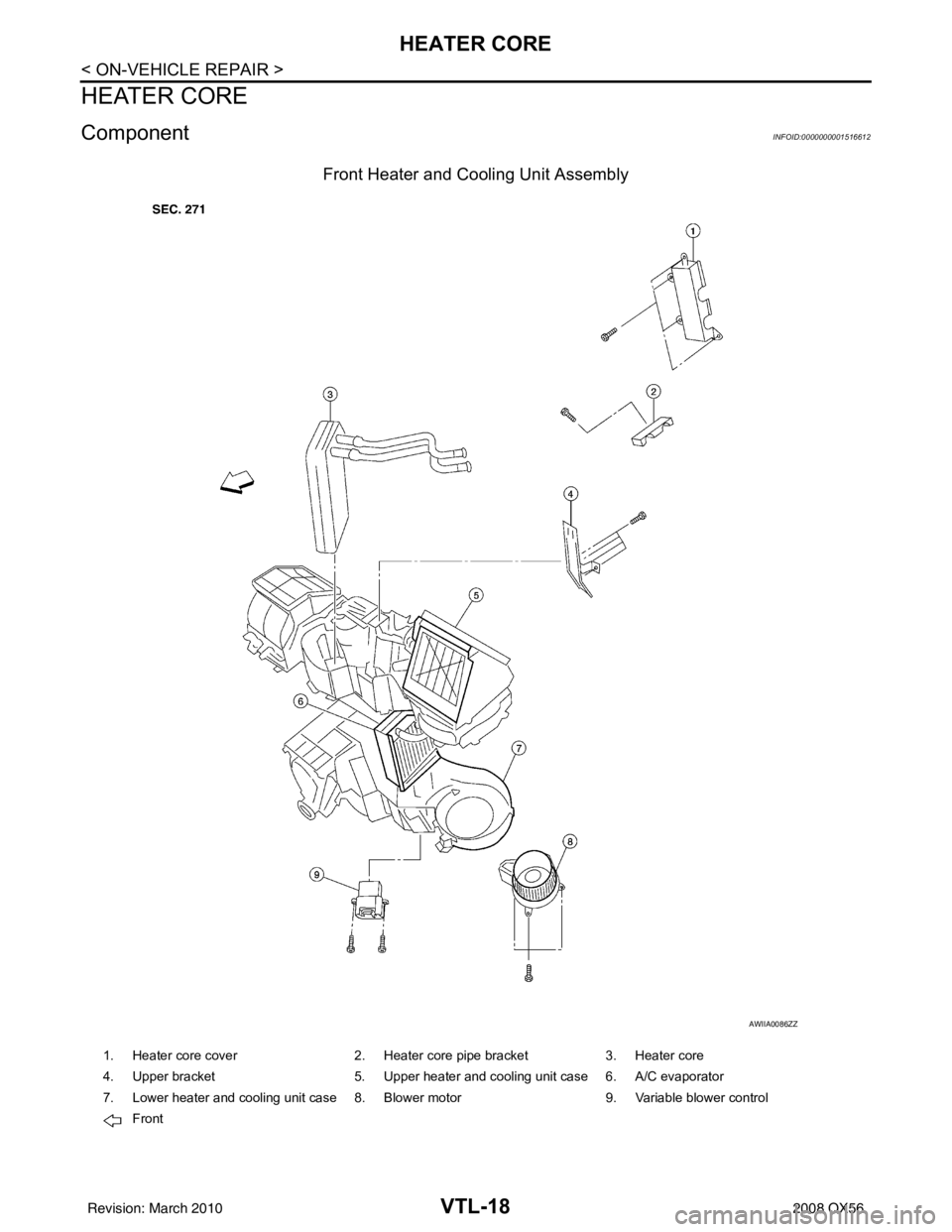 INFINITI QX56 2008  Factory Service Manual VTL-18
< ON-VEHICLE REPAIR >
HEATER CORE
HEATER CORE
ComponentINFOID:0000000001516612
Front Heater and Cooling Unit Assembly
AWIIA0086ZZ
1. Heater core cover2. Heater core pipe bracket3. Heater core
4