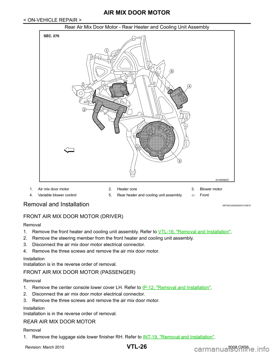 INFINITI QX56 2008  Factory Service Manual VTL-26
< ON-VEHICLE REPAIR >
AIR MIX DOOR MOTOR
Rear Air Mix Door Motor - Rear Heater and Cooling Unit Assembly
Removal and InstallationINFOID:0000000001516619
FRONT AIR MIX DOOR MOTOR (DRIVER)
Remova