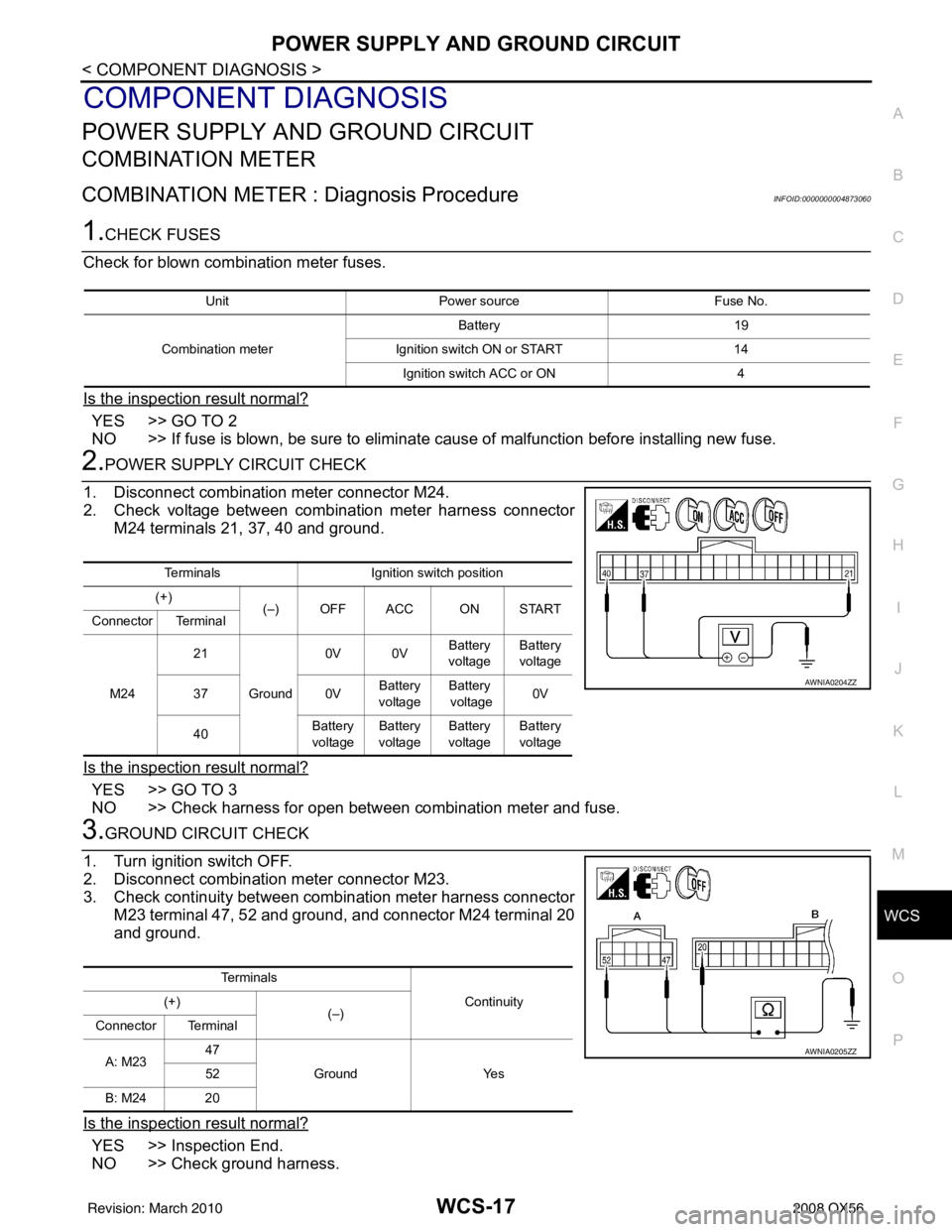 INFINITI QX56 2008 Factory Service Manual WCS
POWER SUPPLY AND GROUND CIRCUITWCS-17
< COMPONENT DIAGNOSIS >
C
DE
F
G H
I
J
K L
M B A
O P
COMPONENT DIAGNOSIS
POWER SUPPLY AND GROUND CIRCUIT
COMBINATION METER
COMBINATION METER : Diagnosis Proce INFINITI QX56 2008 Factory Service Manual WCS
POWER SUPPLY AND GROUND CIRCUITWCS-17
< COMPONENT DIAGNOSIS >
C
DE
F
G H
I
J
K L
M B A
O P
COMPONENT DIAGNOSIS
POWER SUPPLY AND GROUND CIRCUIT
COMBINATION METER
COMBINATION METER : Diagnosis Proce