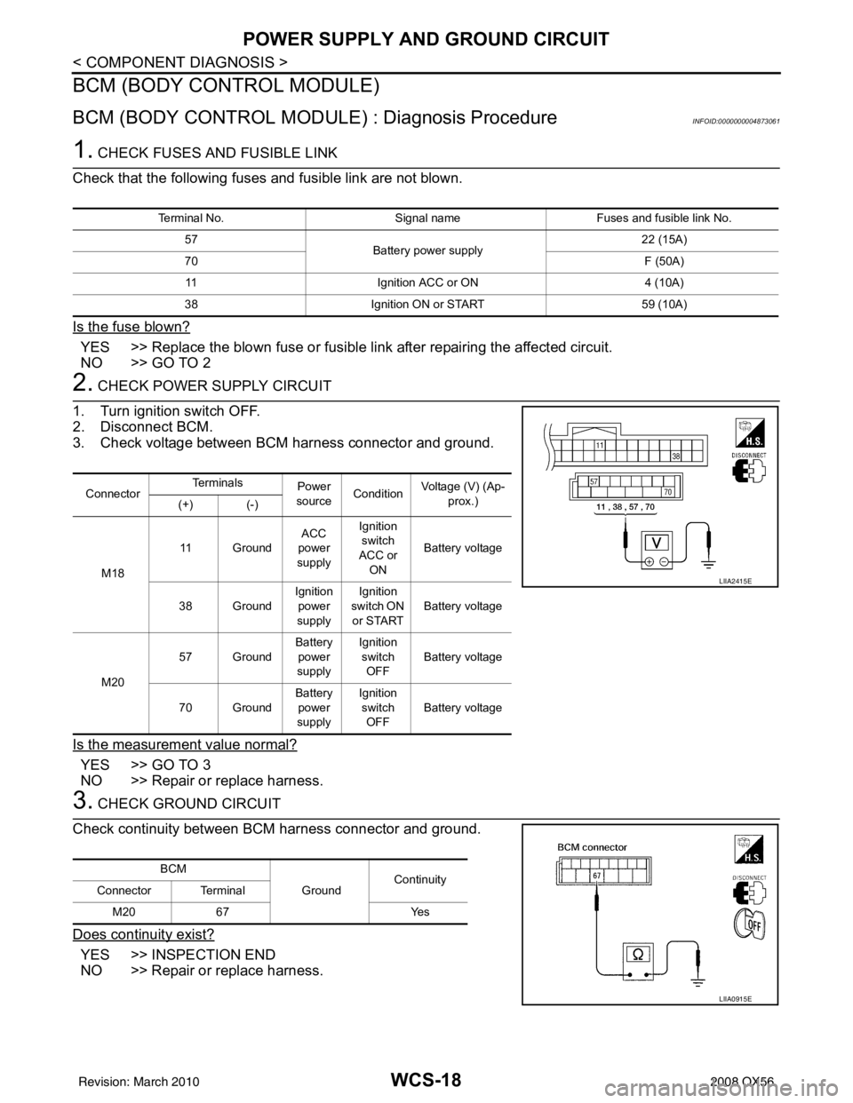 INFINITI QX56 2008 Factory Service Manual WCS-18
< COMPONENT DIAGNOSIS >
POWER SUPPLY AND GROUND CIRCUIT
BCM (BODY CONTROL MODULE)
BCM (BODY CONTROL MODULE) : Diagnosis ProcedureINFOID:0000000004873061
1. CHECK FUSES AND FUSIBLE LINK
Check th INFINITI QX56 2008 Factory Service Manual WCS-18
< COMPONENT DIAGNOSIS >
POWER SUPPLY AND GROUND CIRCUIT
BCM (BODY CONTROL MODULE)
BCM (BODY CONTROL MODULE) : Diagnosis ProcedureINFOID:0000000004873061
1. CHECK FUSES AND FUSIBLE LINK
Check th