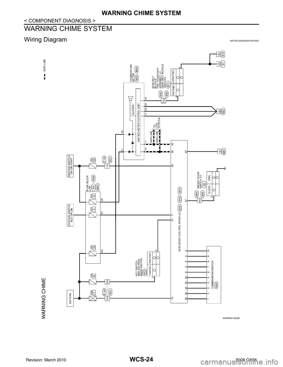 INFINITI QX56 2008  Factory Service Manual WCS-24
< COMPONENT DIAGNOSIS >
WARNING CHIME SYSTEM
WARNING CHIME SYSTEM
Wiring DiagramINFOID:0000000001697693
AANWA0105GB
Revision: March 20102008 QX56 