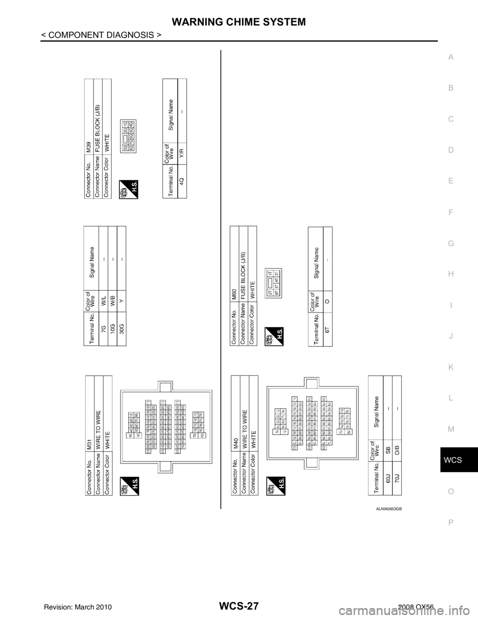 INFINITI QX56 2008  Factory Service Manual WCS
WARNING CHIME SYSTEMWCS-27
< COMPONENT DIAGNOSIS >
C
DE
F
G H
I
J
K L
M B A
O P
ALNIA0653GB
Revision: March 2010 2008 QX56 
