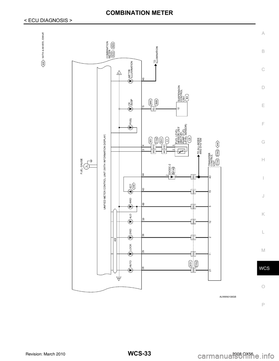 INFINITI QX56 2008  Factory Service Manual WCS
COMBINATION METERWCS-33
< ECU DIAGNOSIS >
C
DE
F
G H
I
J
K L
M B A
O P
ALNWA0130GB
Revision: March 2010 2008 QX56 