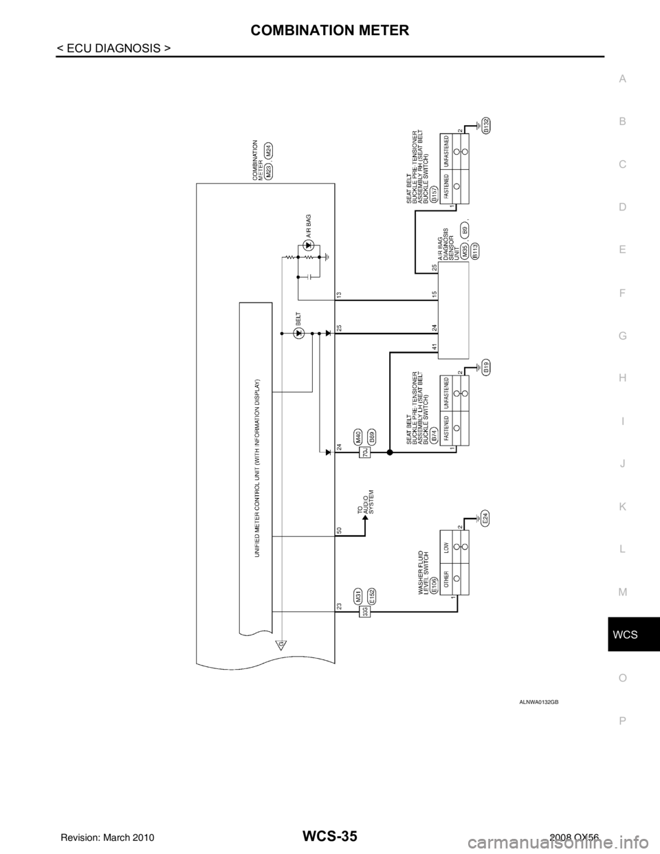 INFINITI QX56 2008  Factory Service Manual WCS
COMBINATION METERWCS-35
< ECU DIAGNOSIS >
C
DE
F
G H
I
J
K L
M B A
O P
ALNWA0132GB
Revision: March 2010 2008 QX56 