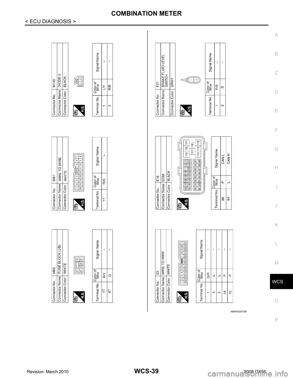 INFINITI QX56 2008  Factory Service Manual WCS
COMBINATION METERWCS-39
< ECU DIAGNOSIS >
C
DE
F
G H
I
J
K L
M B A
O P
ABNIA2307GB
Revision: March 2010 2008 QX56 