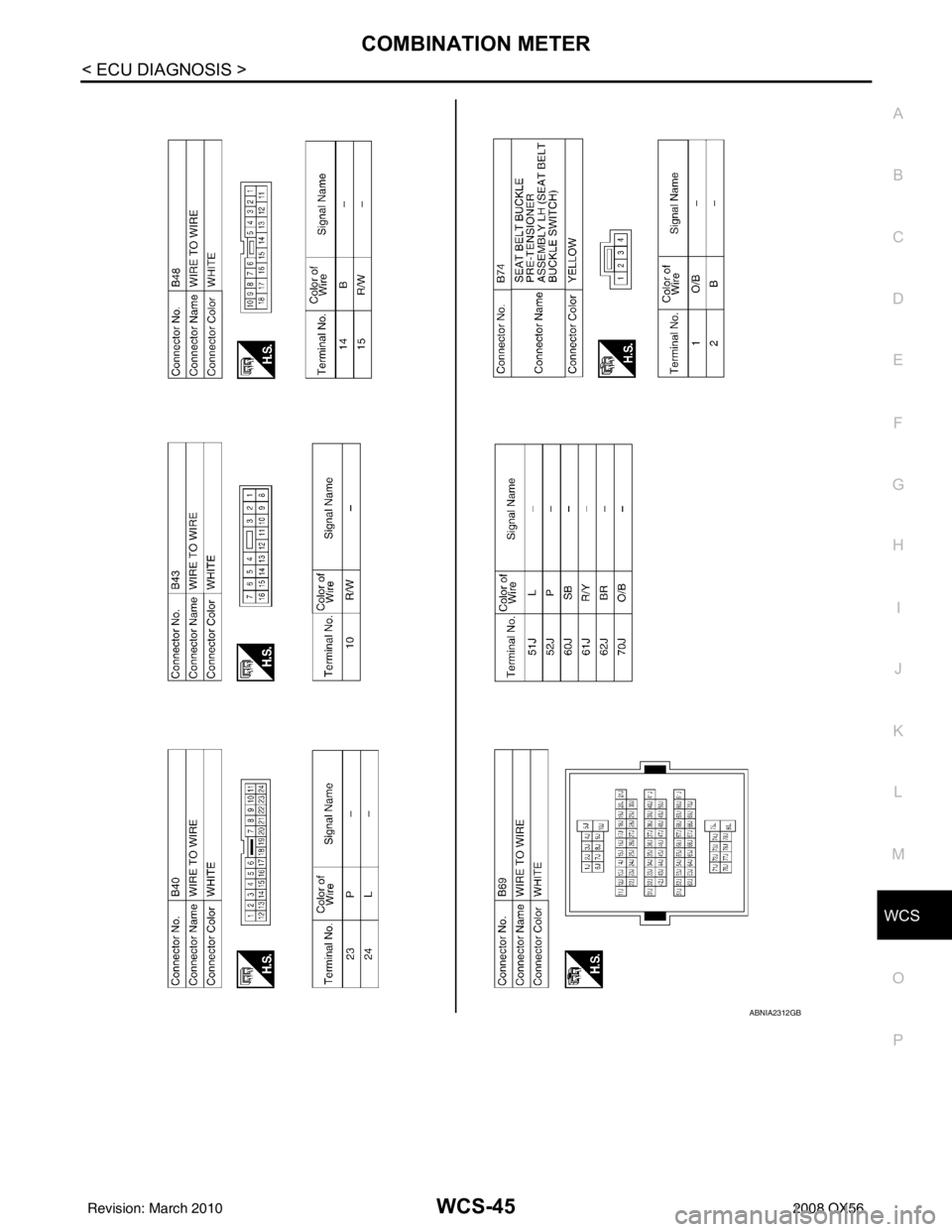 INFINITI QX56 2008  Factory Service Manual WCS
COMBINATION METERWCS-45
< ECU DIAGNOSIS >
C
DE
F
G H
I
J
K L
M B A
O P
ABNIA2312GB
Revision: March 2010 2008 QX56 
