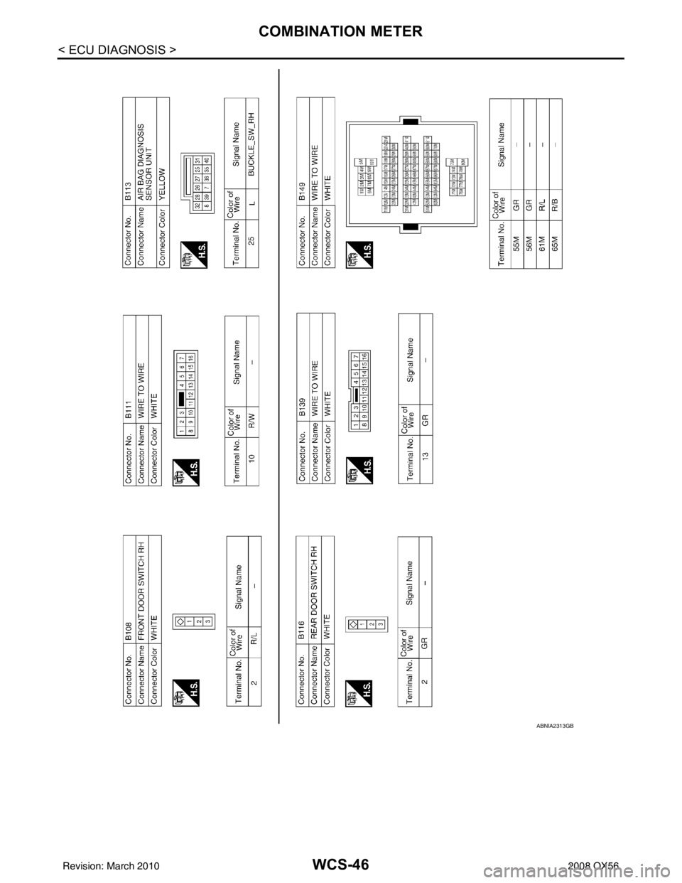 INFINITI QX56 2008  Factory Service Manual WCS-46
< ECU DIAGNOSIS >
COMBINATION METER
ABNIA2313GB
Revision: March 20102008 QX56 