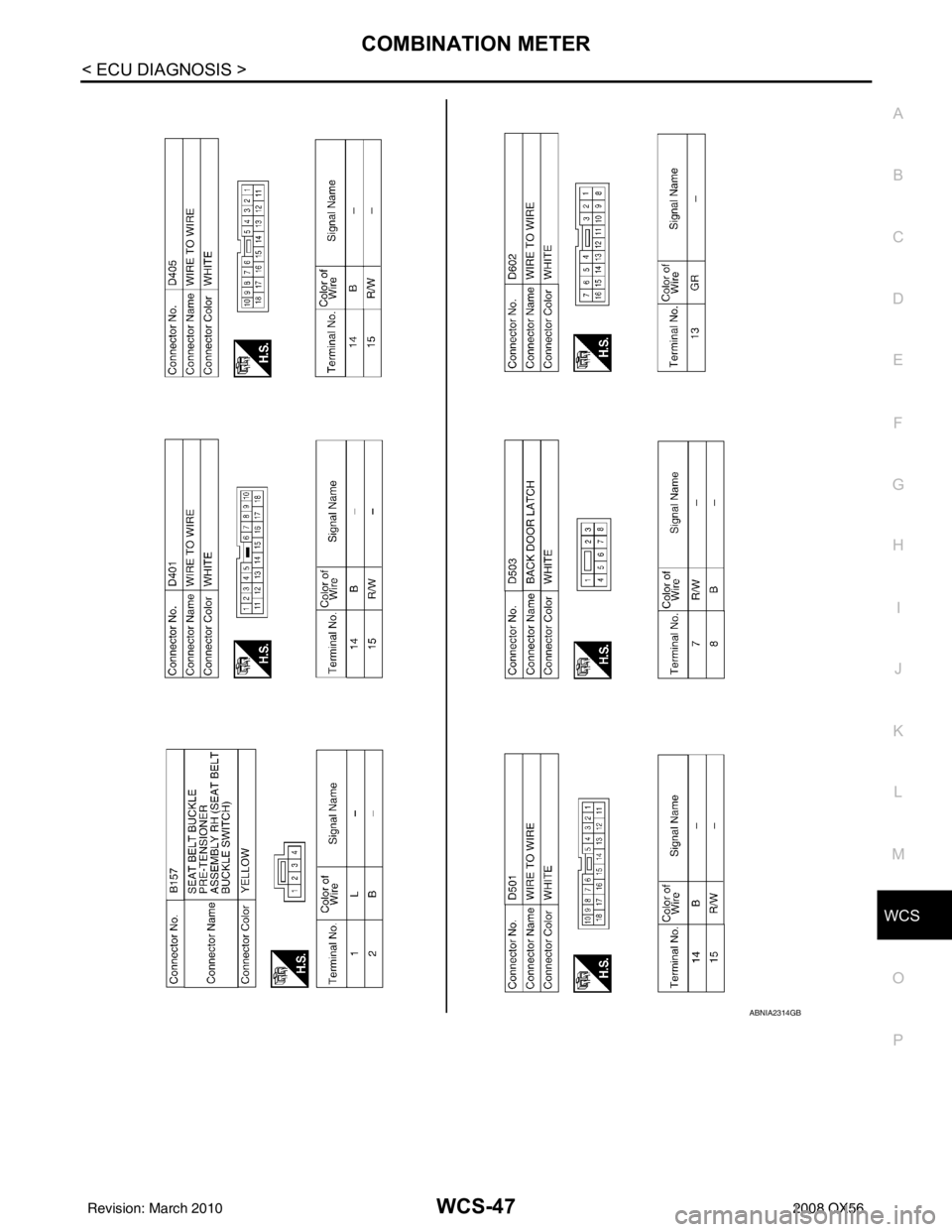 INFINITI QX56 2008  Factory Service Manual WCS
COMBINATION METERWCS-47
< ECU DIAGNOSIS >
C
DE
F
G H
I
J
K L
M B A
O P
ABNIA2314GB
Revision: March 2010 2008 QX56 