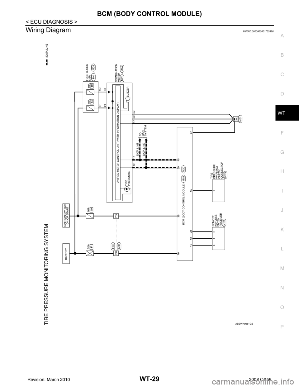 INFINITI QX56 2008  Factory Service Manual BCM (BODY CONTROL MODULE)WT-29
< ECU DIAGNOSIS >
C
DF
G H
I
J
K L
M A
B
WT
N
O P
Wiring DiagramINFOID:0000000001735396
ABEWA0051GB
Revision: March 2010 2008 QX56 