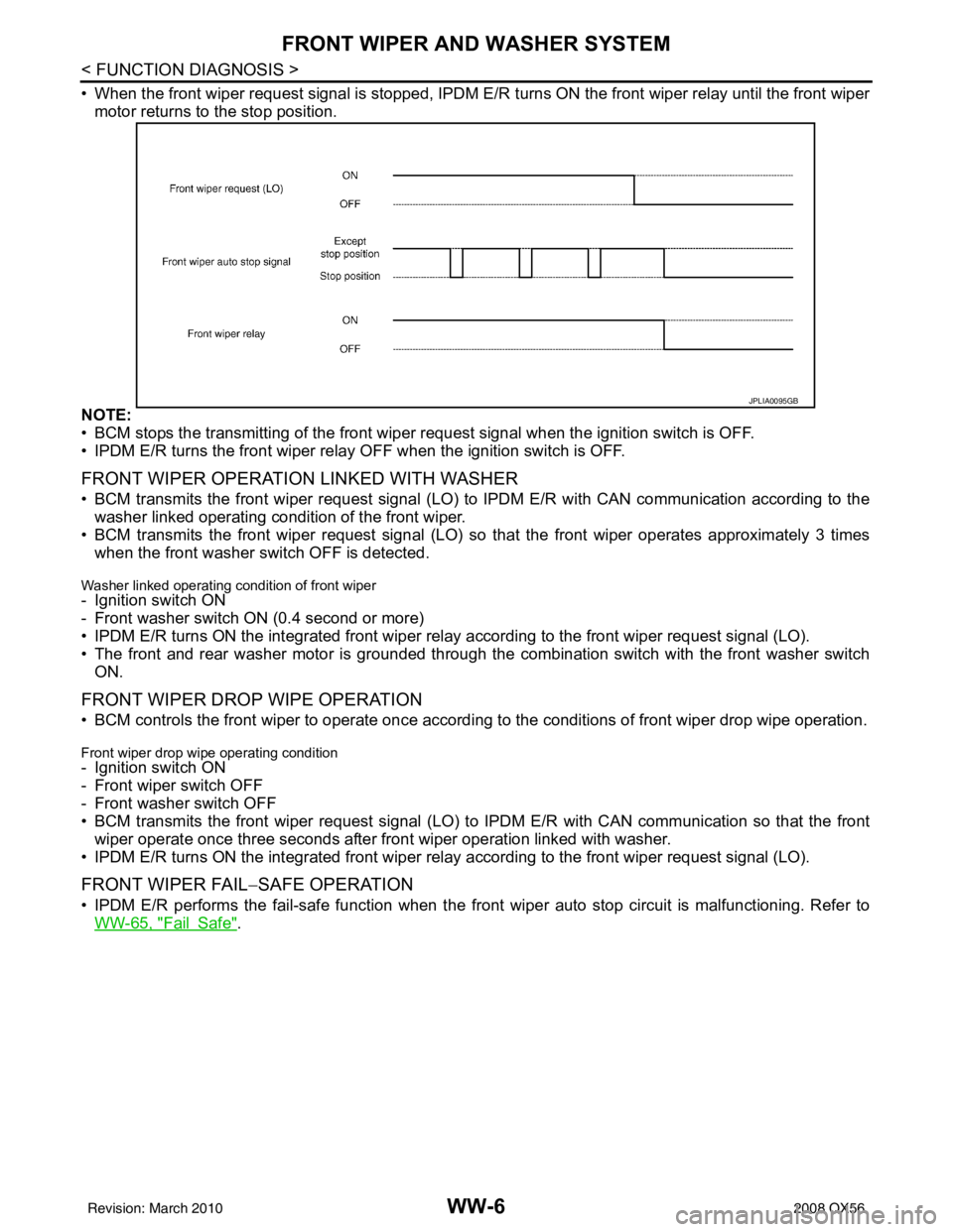 INFINITI QX56 2008  Factory Service Manual WW-6
< FUNCTION DIAGNOSIS >
FRONT WIPER AND WASHER SYSTEM
• When the front wiper request signal is stopped, IPDM E/R turns ON the front wiper relay until the front wiper
motor returns to the stop po