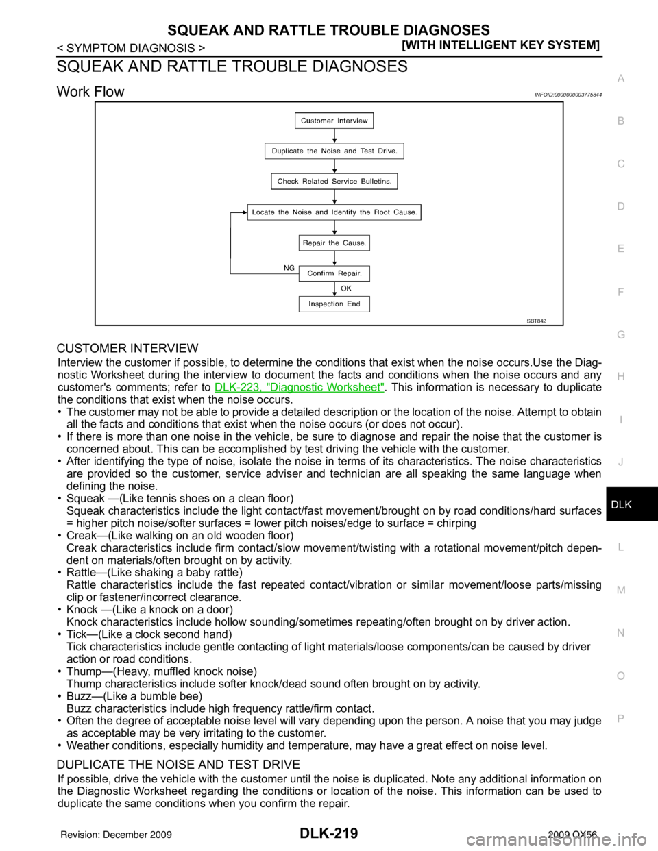 INFINITI QX56 2009  Factory Service Manual SQUEAK AND RATTLE TROUBLE DIAGNOSESDLK-219
< SYMPTOM DIAGNOSIS > [WITH INTELLIGENT KEY SYSTEM]
C
D
E
F
G H
I
J
L
M A
B
DLK
N
O P
SQUEAK AND RATTLE TROUBLE DIAGNOSES
Work FlowINFOID:0000000003775844
CU