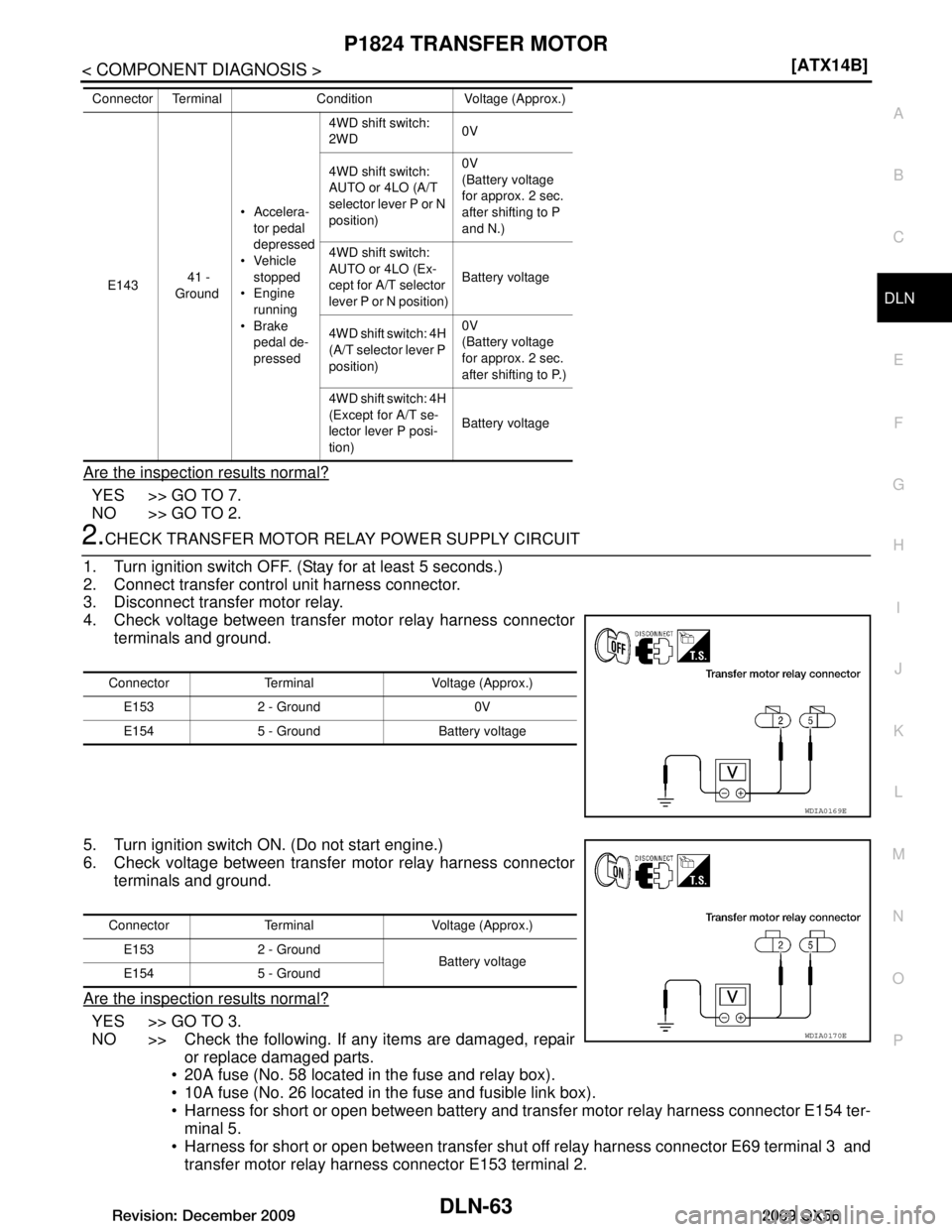 INFINITI QX56 2009  Factory Service Manual 
P1824 TRANSFER MOTORDLN-63
< COMPONENT DIAGNOSIS > [ATX14B]
C
EF
G H
I
J
K L
M A
B
DLN
N
O P
Are the inspection results normal?
YES  >> GO TO 7.
NO >> GO TO 2.
2.CHECK TRANSFER MOTOR RELAY POWER SUPP