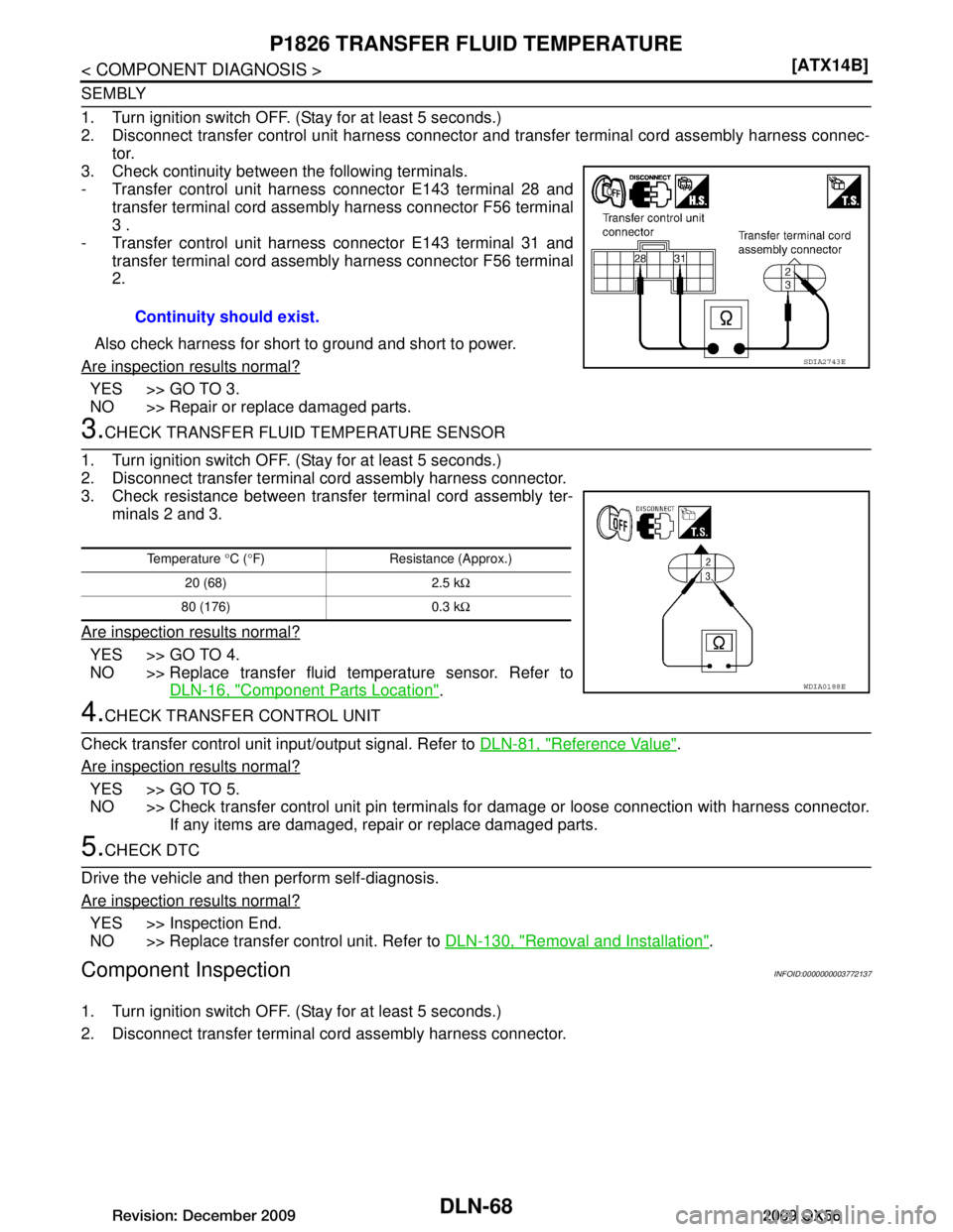 INFINITI QX56 2009  Factory Service Manual 
DLN-68
< COMPONENT DIAGNOSIS >[ATX14B]
P1826 TRANSFER FLUID TEMPERATURE
SEMBLY
1. Turn ignition switch OFF. (Stay for at least 5 seconds.)
2. Disconnect transfer control unit harness connector and 
t