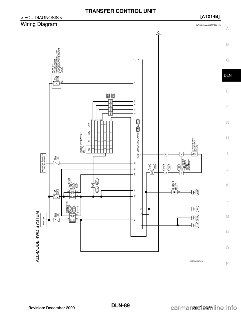 INFINITI QX56 2009  Factory Service Manual 
TRANSFER CONTROL UNITDLN-89
< ECU DIAGNOSIS > [ATX14B]
C
EF
G H
I
J
K L
M A
B
DLN
N
O P
Wiring DiagramINFOID:0000000003772159
ABDWA0015GB
Revision: December 20092009 QX56  