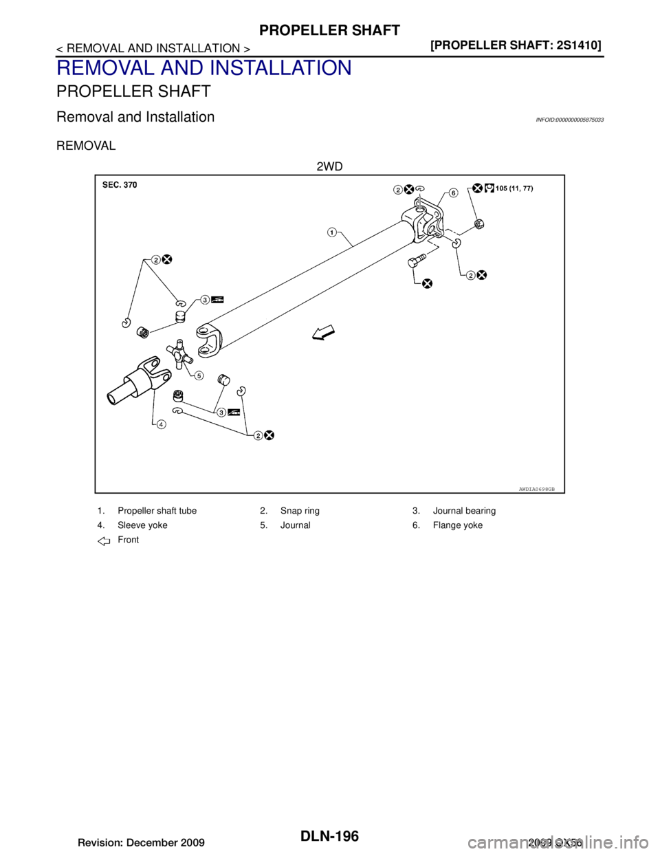 INFINITI QX56 2009  Factory Service Manual 
DLN-196
< REMOVAL AND INSTALLATION >[PROPELLER SHAFT: 2S1410]
PROPELLER SHAFT
REMOVAL AND INSTALLATION
PROPELLER SHAFT
Removal and InstallationINFOID:0000000005875033
REMOVAL
2WD
AWDIA0698GB
1. Prope