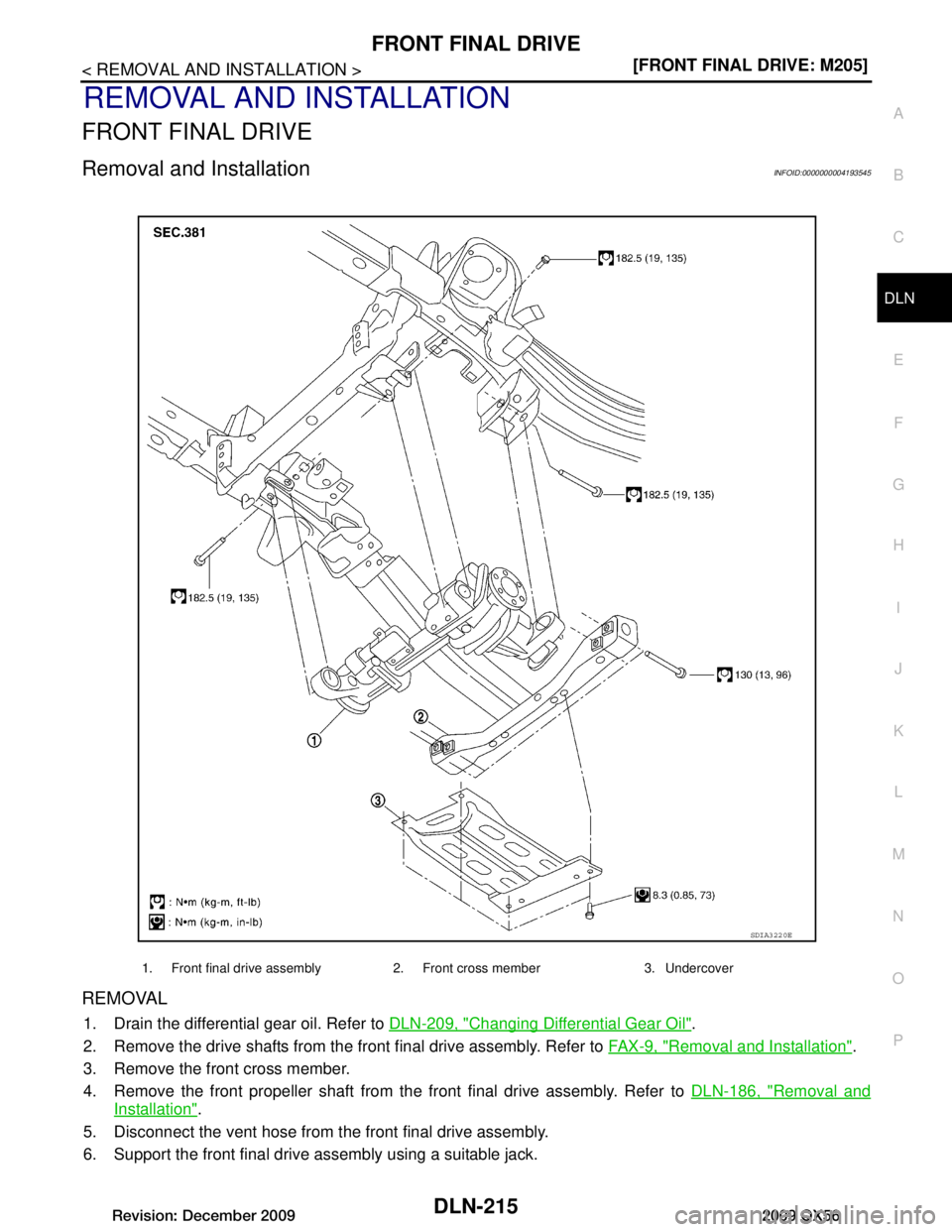 INFINITI QX56 2009  Factory Service Manual 
FRONT FINAL DRIVEDLN-215
< REMOVAL AND INSTALLATION > [FRONT FINAL DRIVE: M205]
C
EF
G H
I
J
K L
M A
B
DLN
N
O P
REMOVAL AND INSTALLATION
FRONT FINAL DRIVE
Removal and InstallationINFOID:000000000419