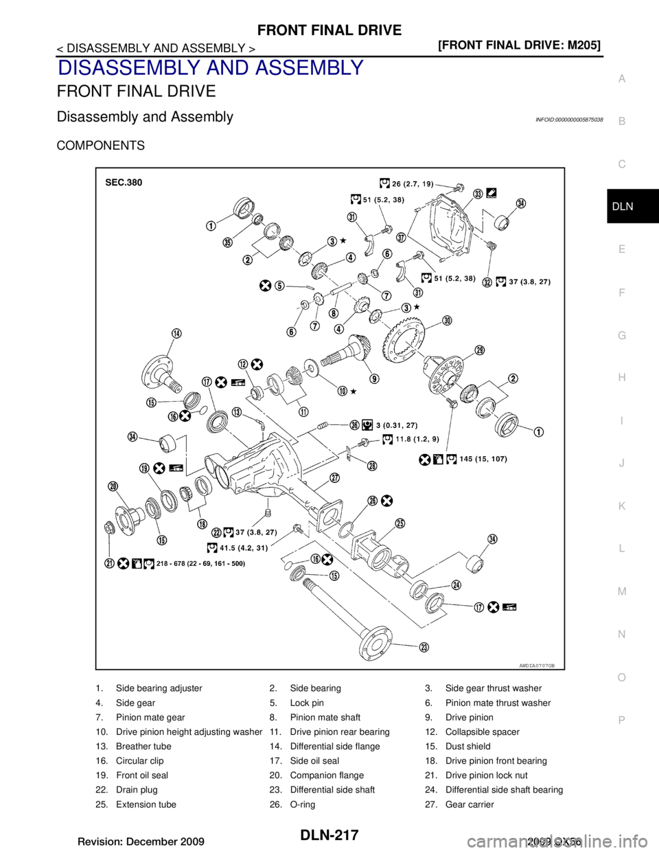 INFINITI QX56 2009  Factory Service Manual 
FRONT FINAL DRIVEDLN-217
< DISASSEMBLY AND ASSEMBLY > [FRONT FINAL DRIVE: M205]
C
EF
G H
I
J
K L
M A
B
DLN
N
O P
DISASSEMBLY AND ASSEMBLY
FRONT FINAL DRIVE
Disassembly and AssemblyINFOID:000000000587