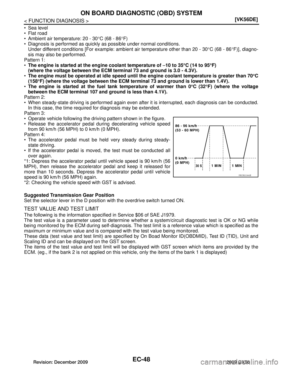 INFINITI QX56 2009  Factory Service Manual 
EC-48
< FUNCTION DIAGNOSIS >[VK56DE]
ON BOARD DIAGNOSTIC (OBD) SYSTEM
 Sea level
 Flat road
 Ambient air temperature: 20 - 30
°C (68 - 86 °F)
 Diagnosis is performed as quickly  as possible und