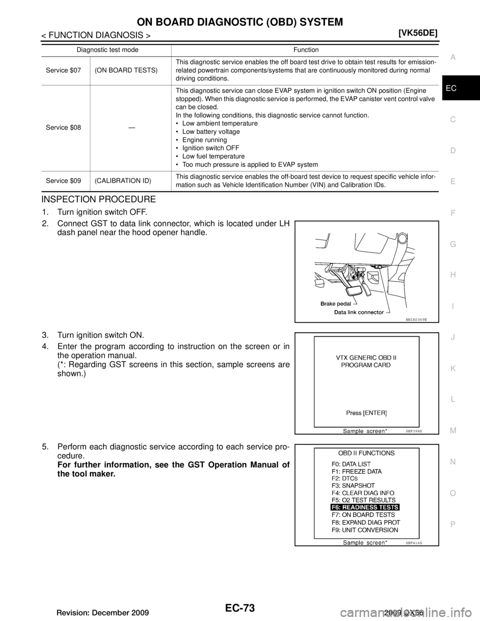 INFINITI QX56 2009  Factory Service Manual 
ON BOARD DIAGNOSTIC (OBD) SYSTEMEC-73
< FUNCTION DIAGNOSIS > [VK56DE]
C
D
E
F
G H
I
J
K L
M A
EC
NP
O
INSPECTION PROCEDURE
1. Turn ignition switch OFF.
2. Connect GST to data link connector, which is