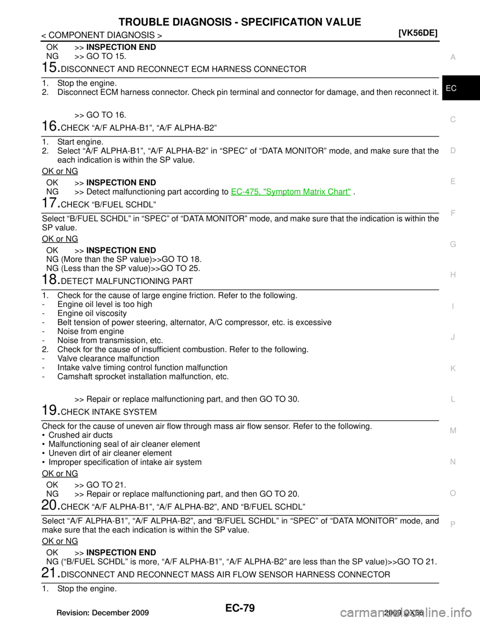 INFINITI QX56 2009  Factory Service Manual 
TROUBLE DIAGNOSIS - SPECIFICATION VALUEEC-79
< COMPONENT DIAGNOSIS > [VK56DE]
C
D
E
F
G H
I
J
K L
M A
EC
NP
O
OK >>
INSPECTION END
NG >> GO TO 15.
15.DISCONNECT AND RECONNECT  ECM HARNESS CONNECTOR
1